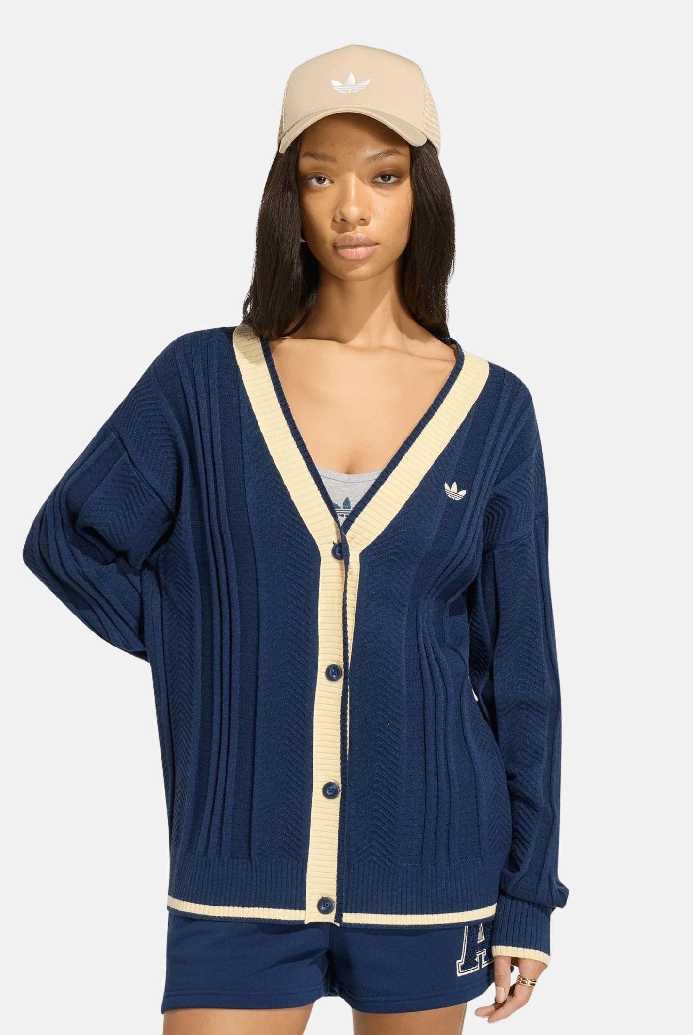 ADIDAS ORIGINALS Cardigan Cable Knit Cardigan blu navy e bianco panna da donna KT1859 . ADIDAS ORIGINALS