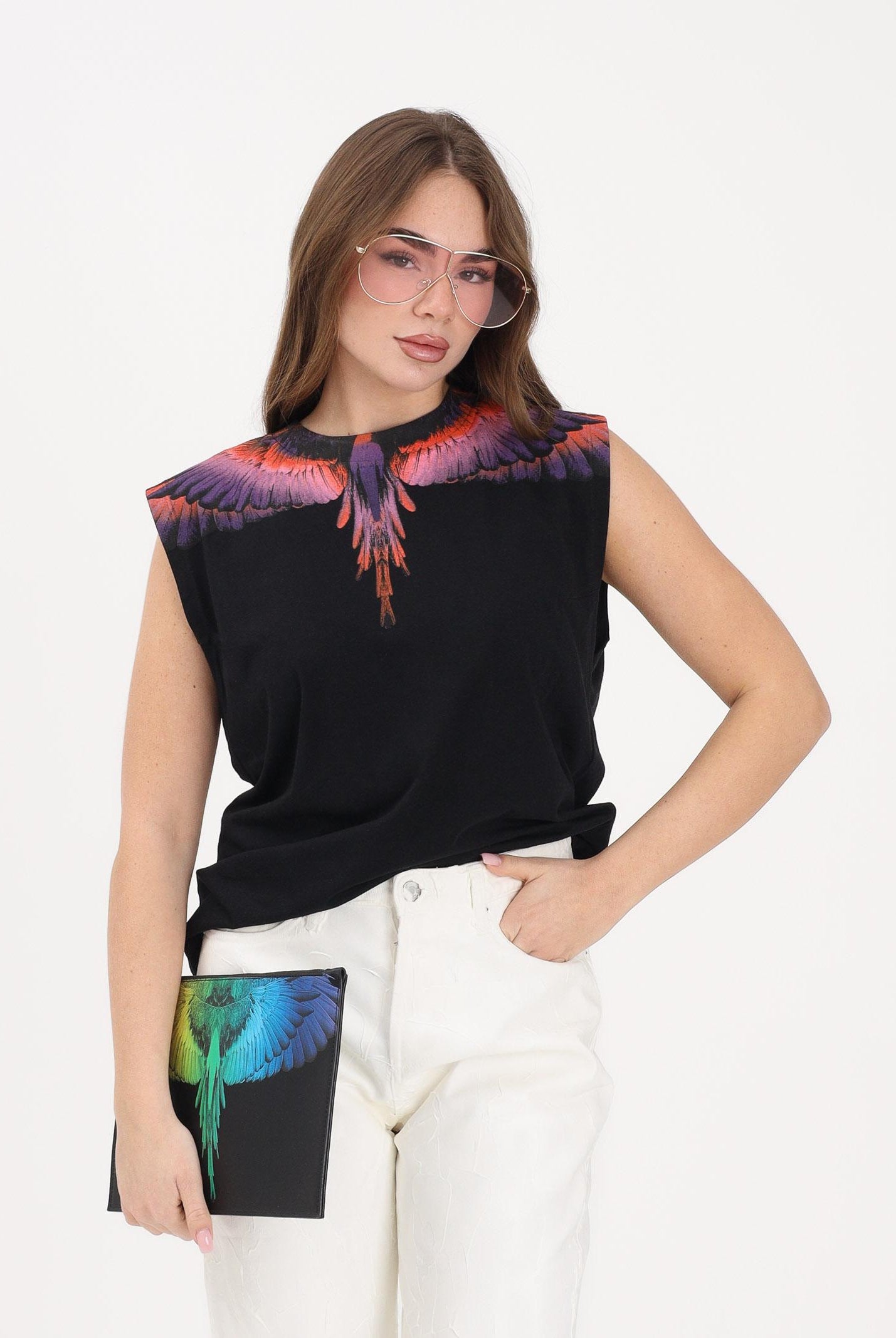 MARCELO BURLON COUNTY OF MILAN T-shirt smanicata nera da donna con stampa ali 26ECM30101 NEVIAR MARCELO BURLON COUNTY OF MILAN