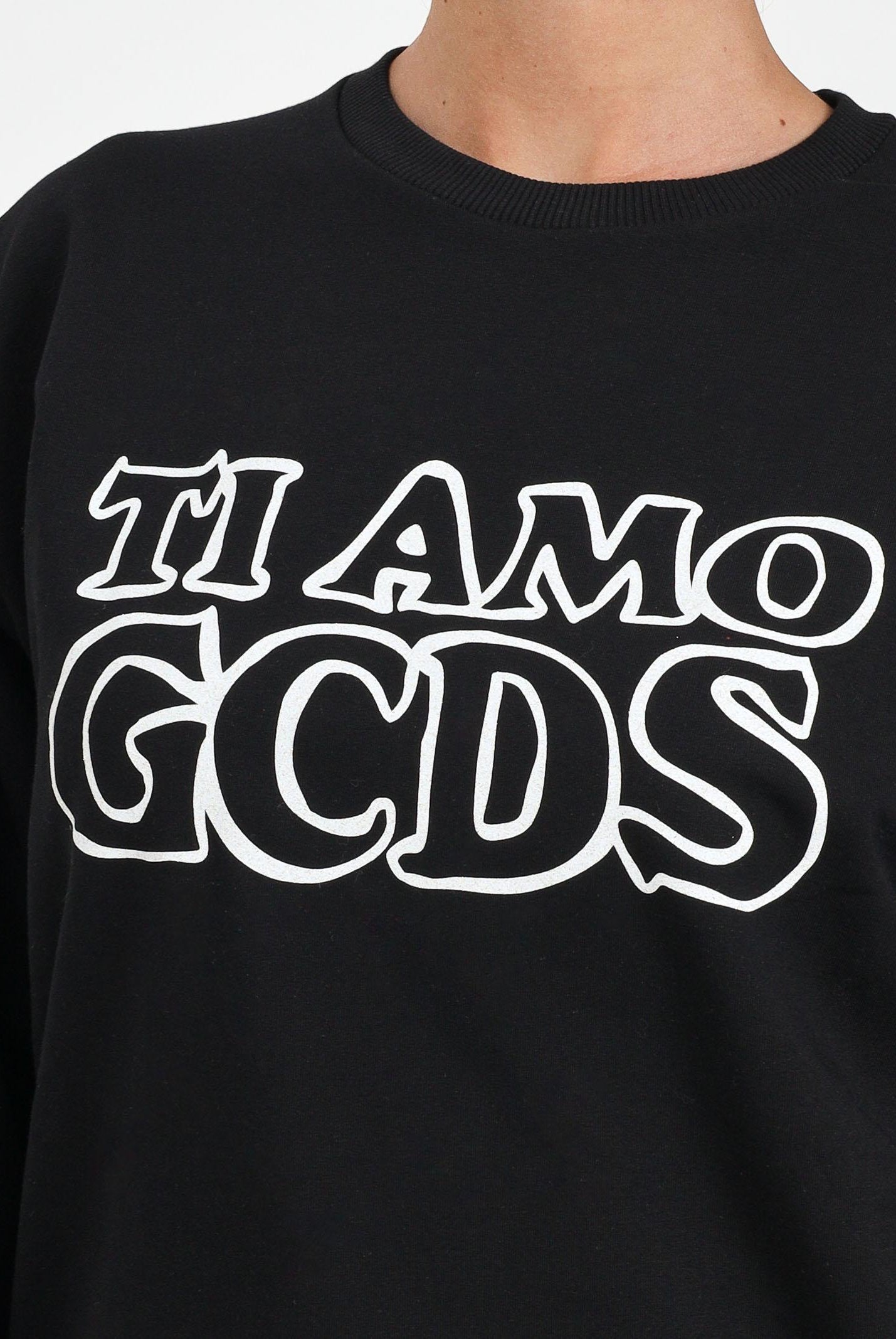 GCDS Felpa girocollo nera per donna e ragazze con stampa in strass B2JW1532BA5 99 GCDS