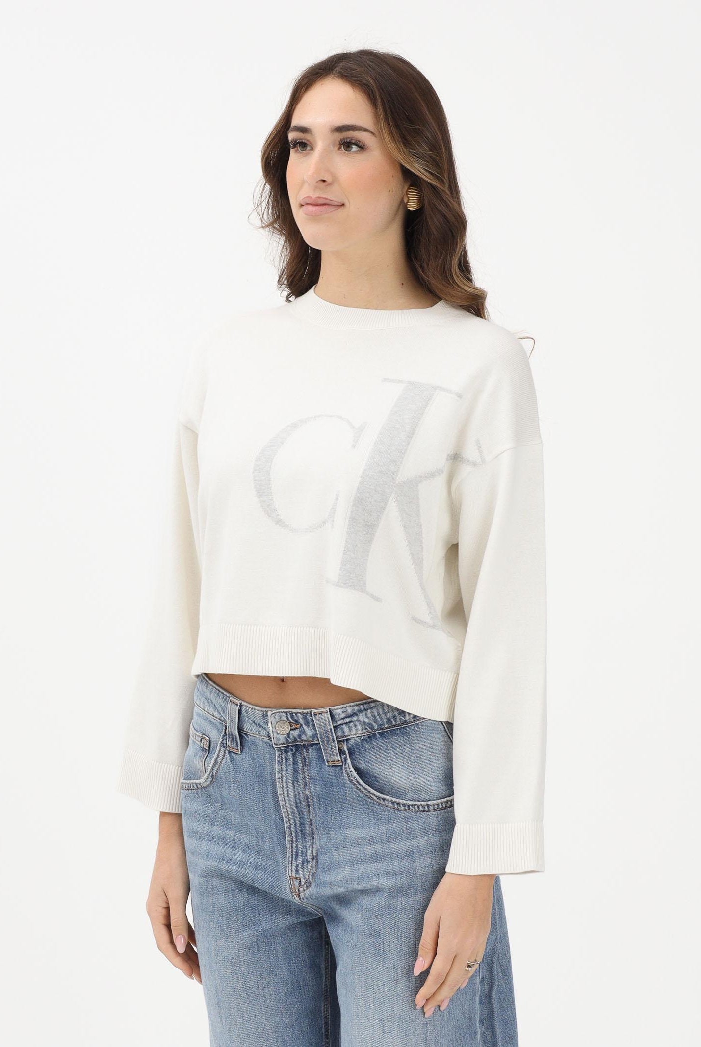 CALVIN KLEIN JEANS Maglioncino girocollo panna da donna con monogramma CK LV047E304GYAS . CALVIN KLEIN JEANS