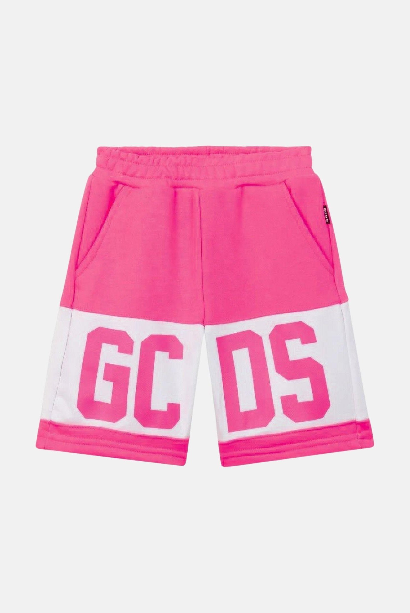 GCDS Shorts fucsia per bambino e bambina con banda bianca e logo Z0UKQL589F004 566A GCDS