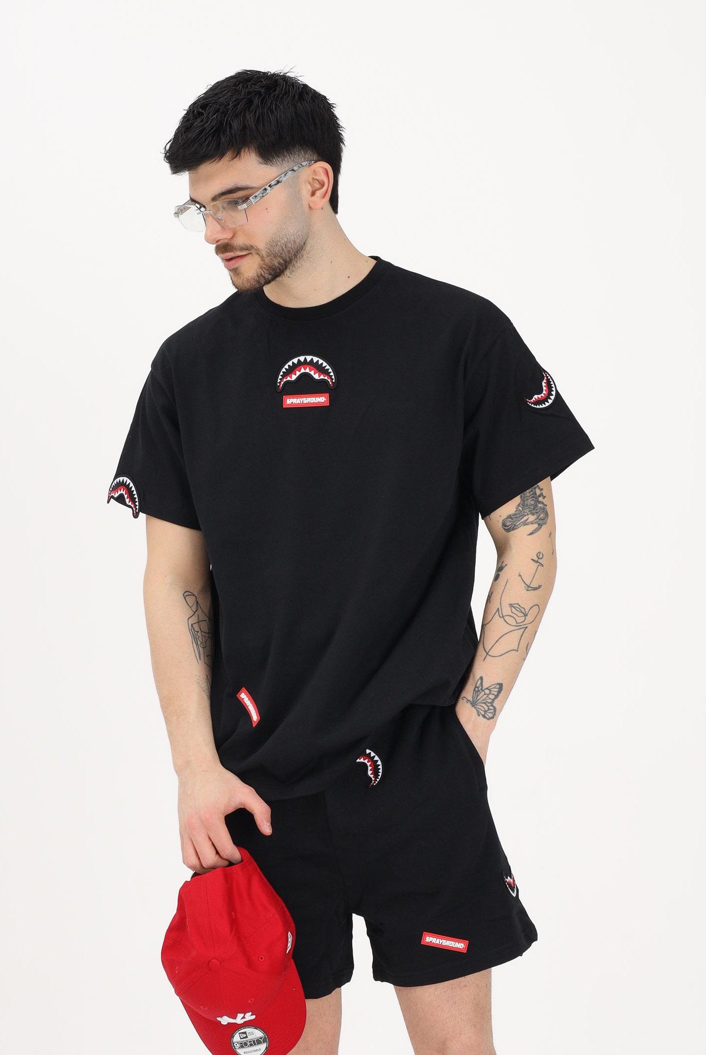 SPRAYGROUND T-shirt a manica corta nera da uomo con dettagli grafici "shark" SP846BLK . SPRAYGROUND