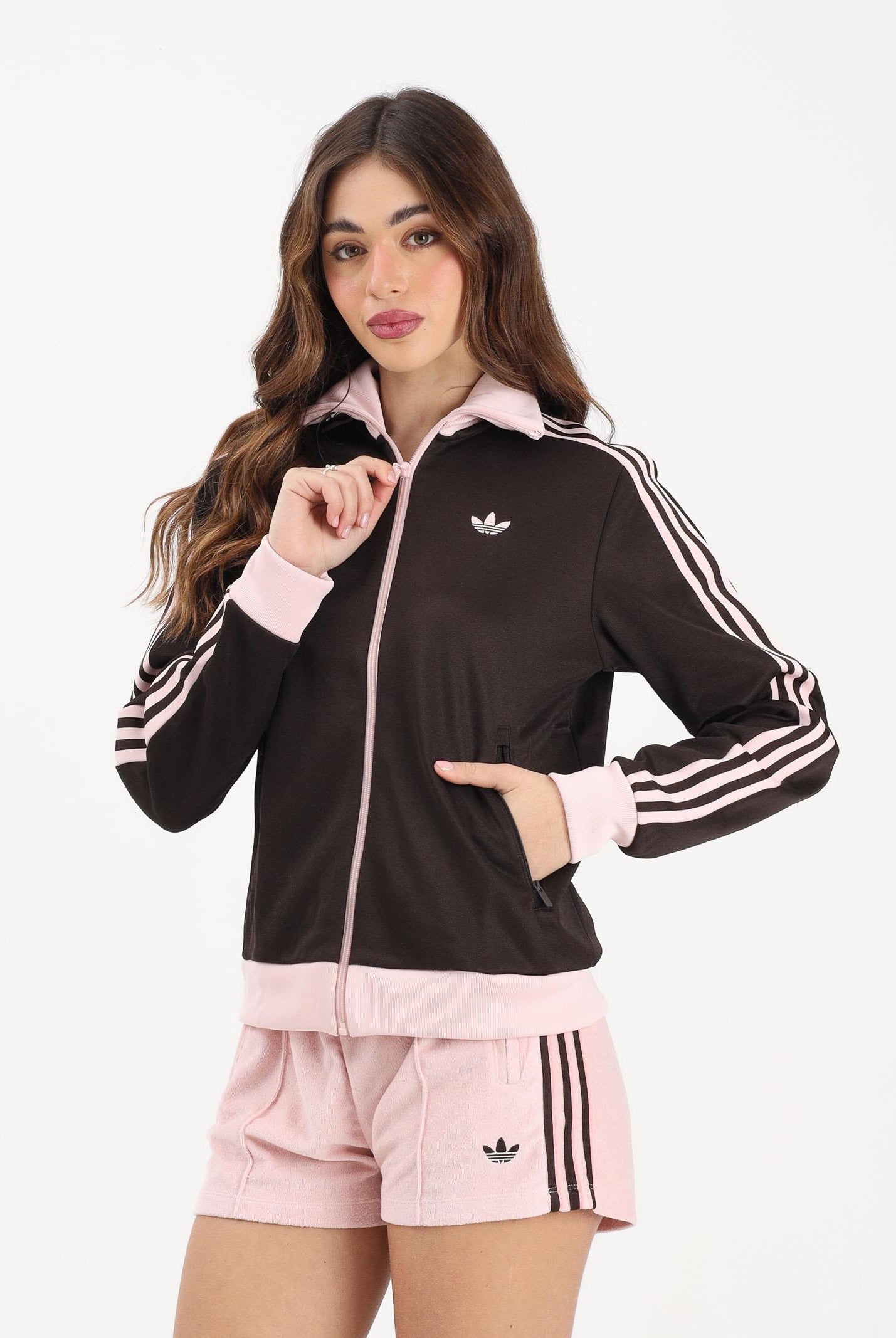 ADIDAS ORIGINALS Felpa con zip 3-Stripes marrone e rosa da donna KD3742 . ADIDAS ORIGINALS