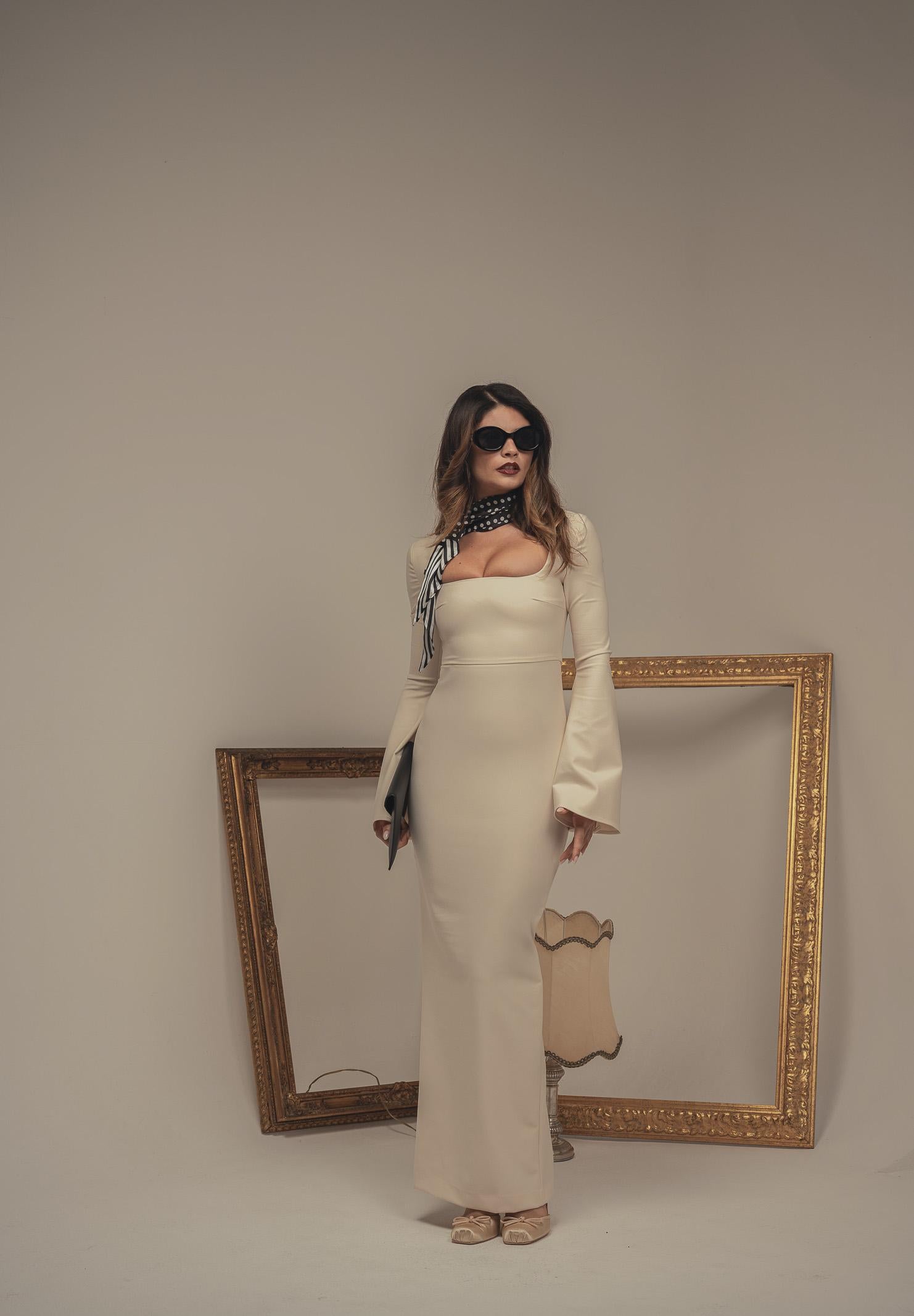 SANTAS Abito lungo LUMIÈRE panna da donna con manica svasata PV2601 PA SANTAS