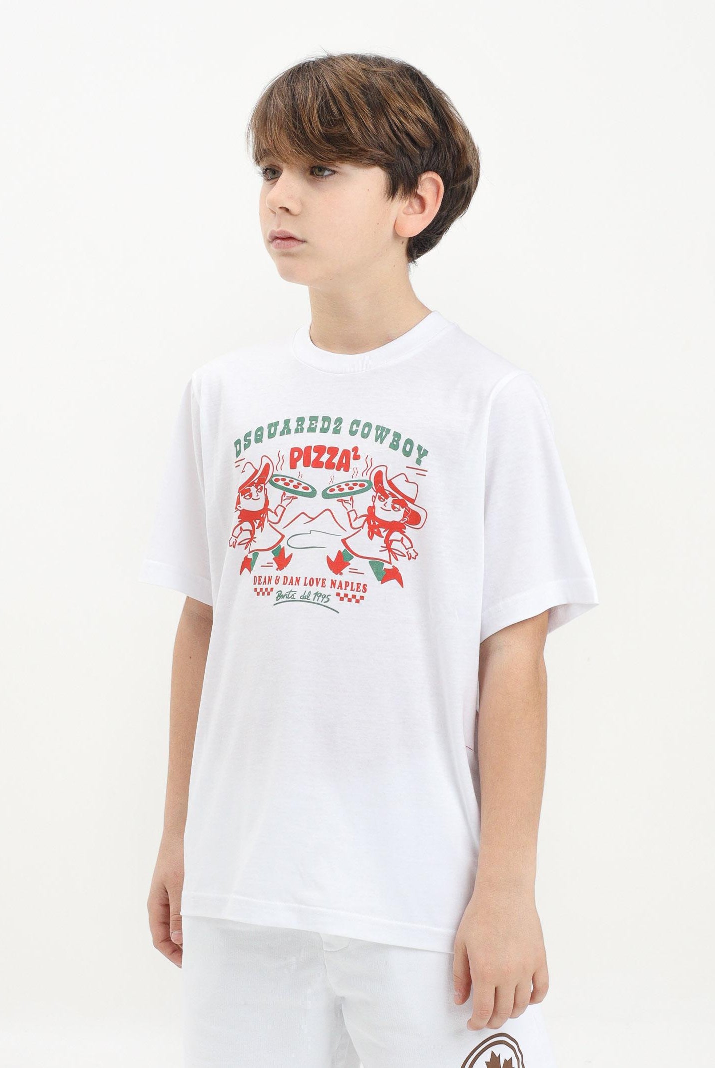 DSQUARED2 T-shirt a manica corta bianca per donna, ragazzi e bambini con grafica originale "Cowboy Pizza" DQ2975D004G DQ100 DSQUARED2