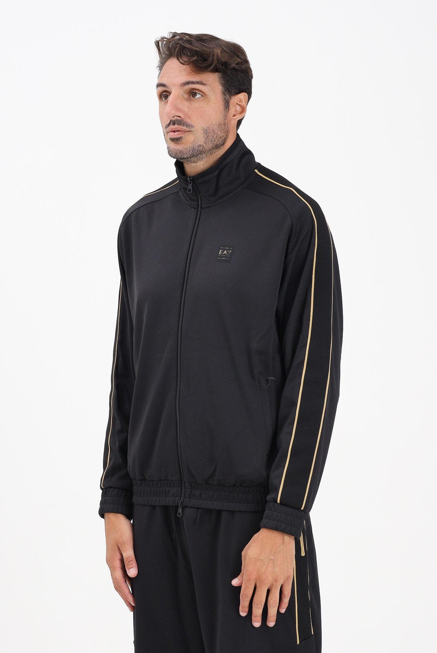 EA7 Felpa con zip nera da uomo rifinita da dettagli gold e logo 7M000620AF17089 UC001 EA7