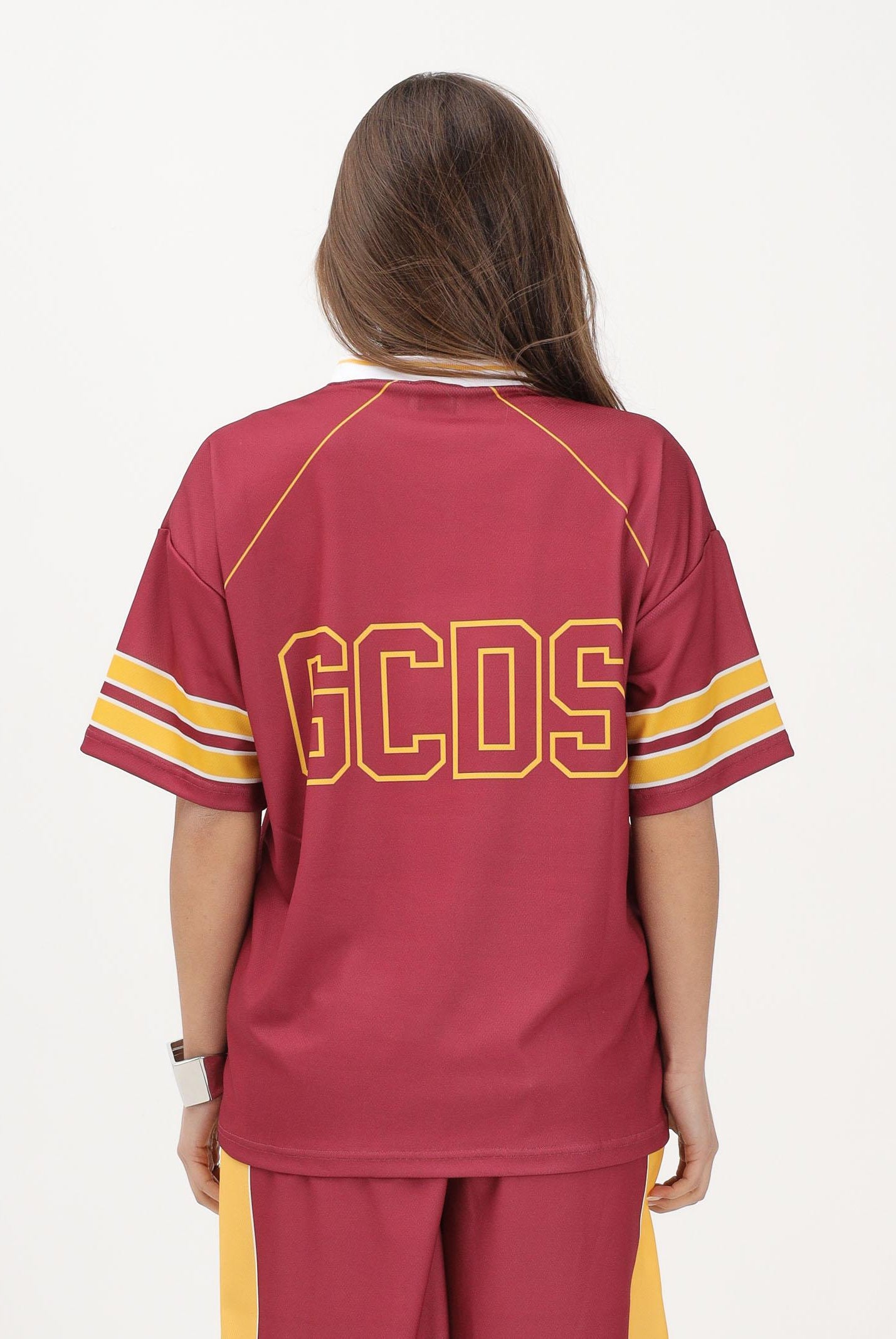 GCDS T-shirt a manica corta bordeaux per donna, ragazzi e bambini stile college C1BJQC709J338 468Y GCDS