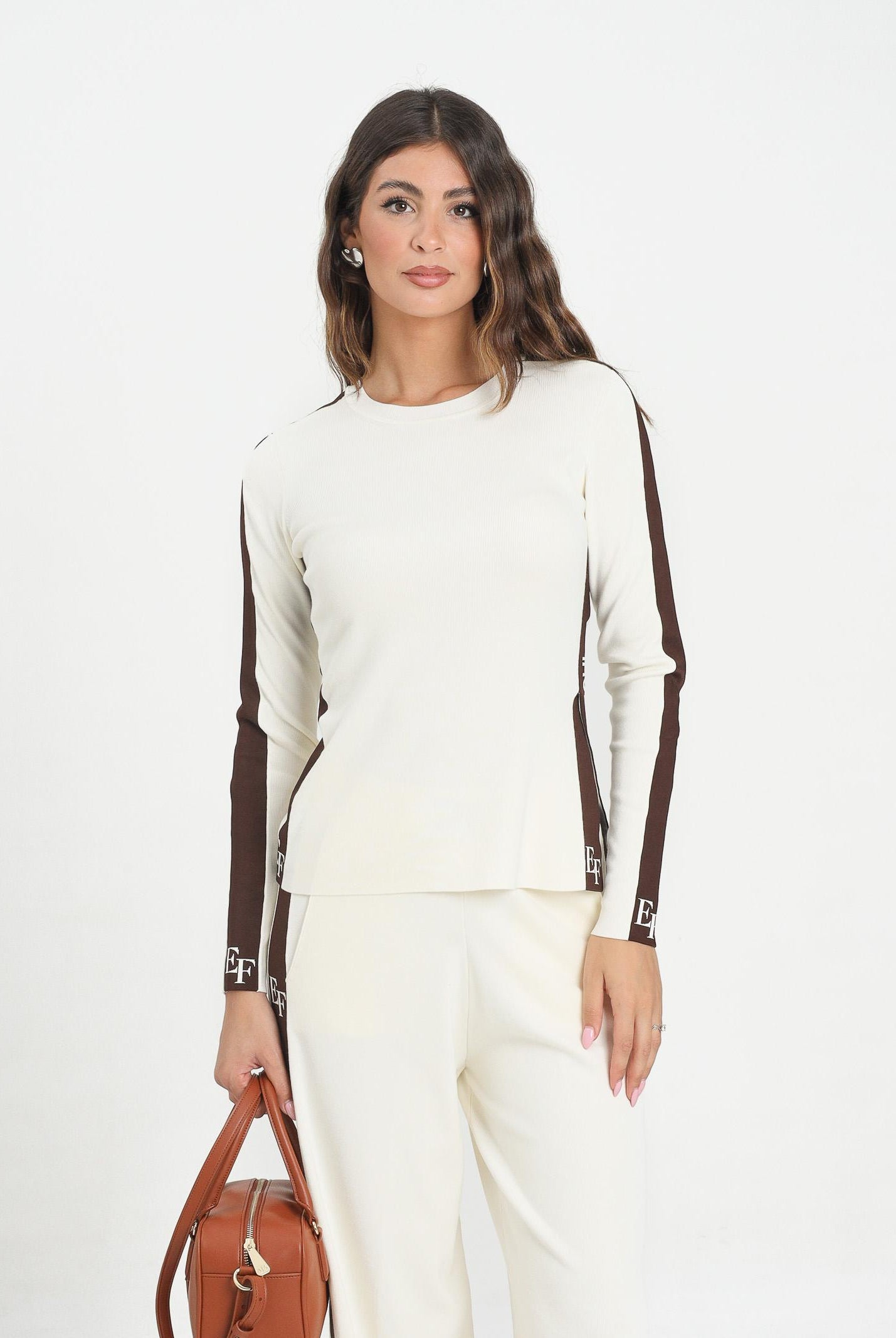 ELISABETTA FRANCHI Maglia a manica lunga panna da donna con bande lucide MK03S56E2 EG2 ELISABETTA FRANCHI