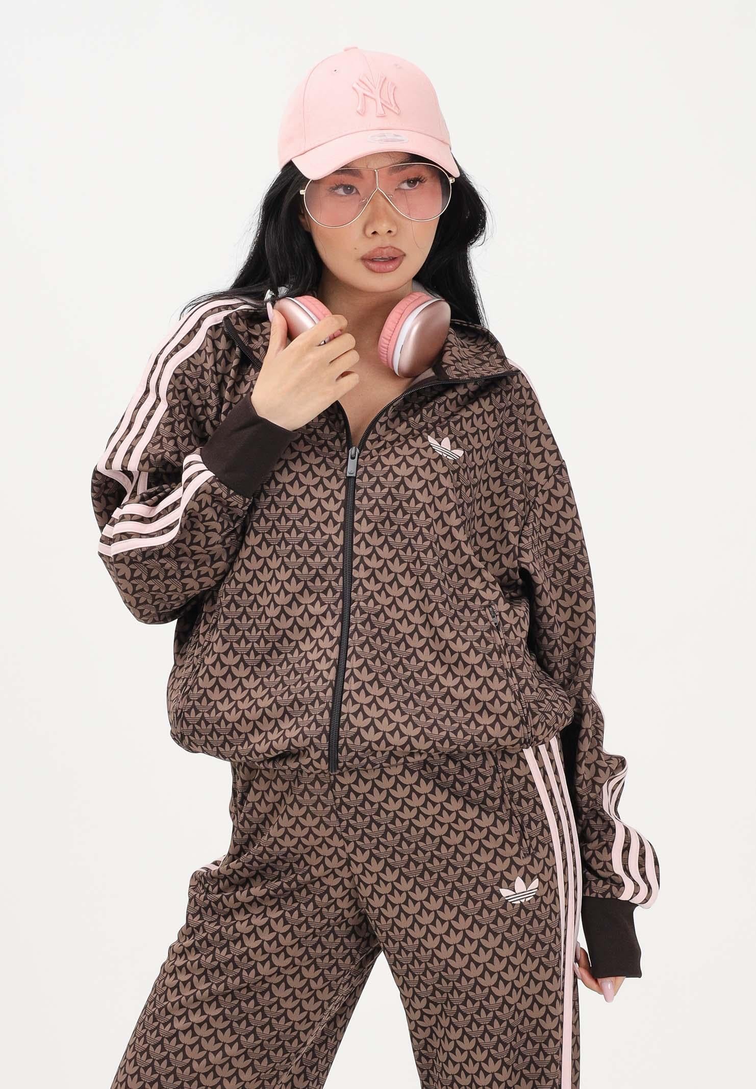 ADIDAS ORIGINALS Felpa con zip Firebird Loose Monogram marrone e rosa per uomo e donna KE1677 . ADIDAS ORIGINALS