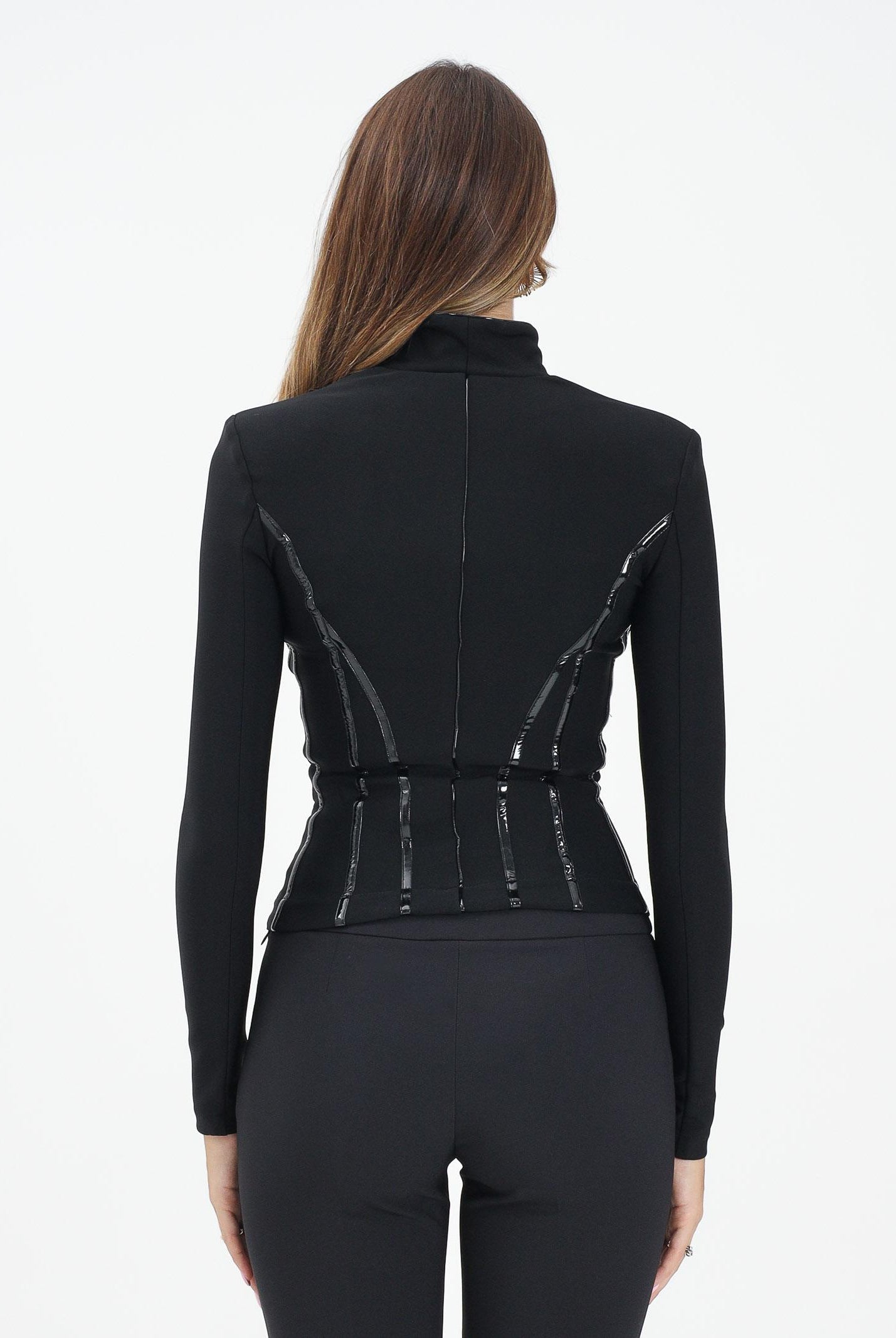 ELISABETTA FRANCHI Giacca nera da donna con dettagli corsetto<BR/> GI18257E2 110 ELISABETTA FRANCHI