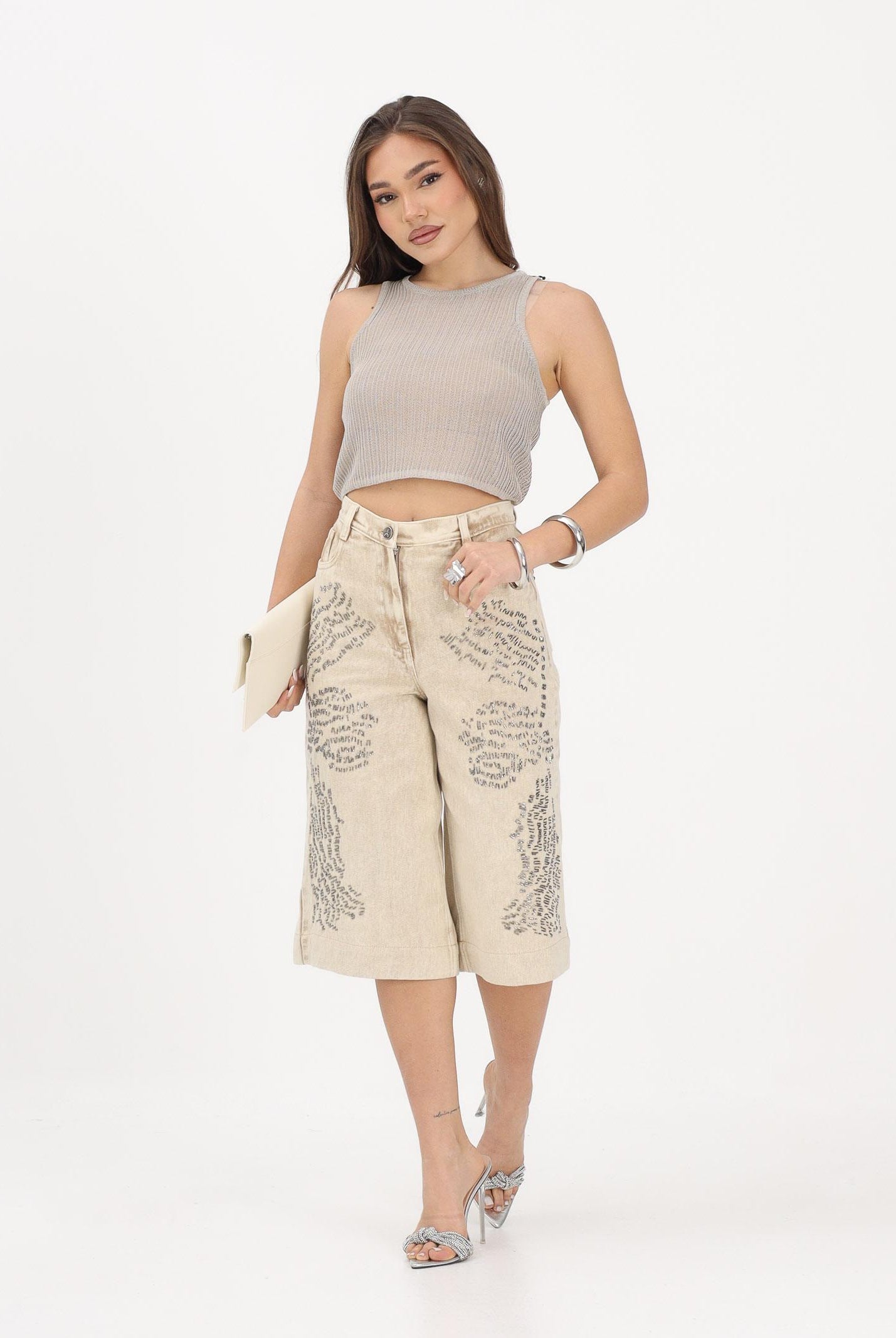 PATRIZIA PEPE Bermuda in denim beige da donna con strass 2P1771D154 B895 PATRIZIA PEPE
