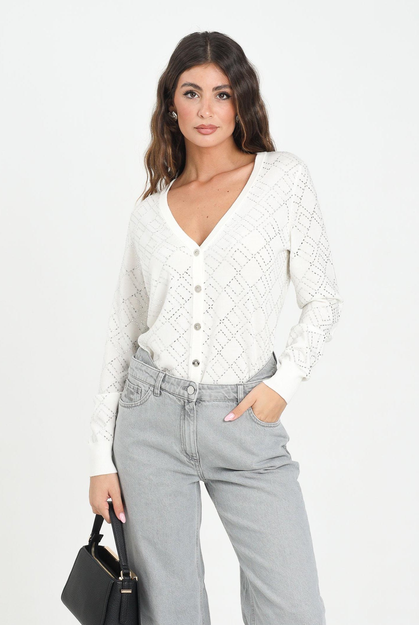 ELISABETTA FRANCHI Cardigan bianco latte da donna con cristalli<BR/> MK26B56E2 EH9 ELISABETTA FRANCHI