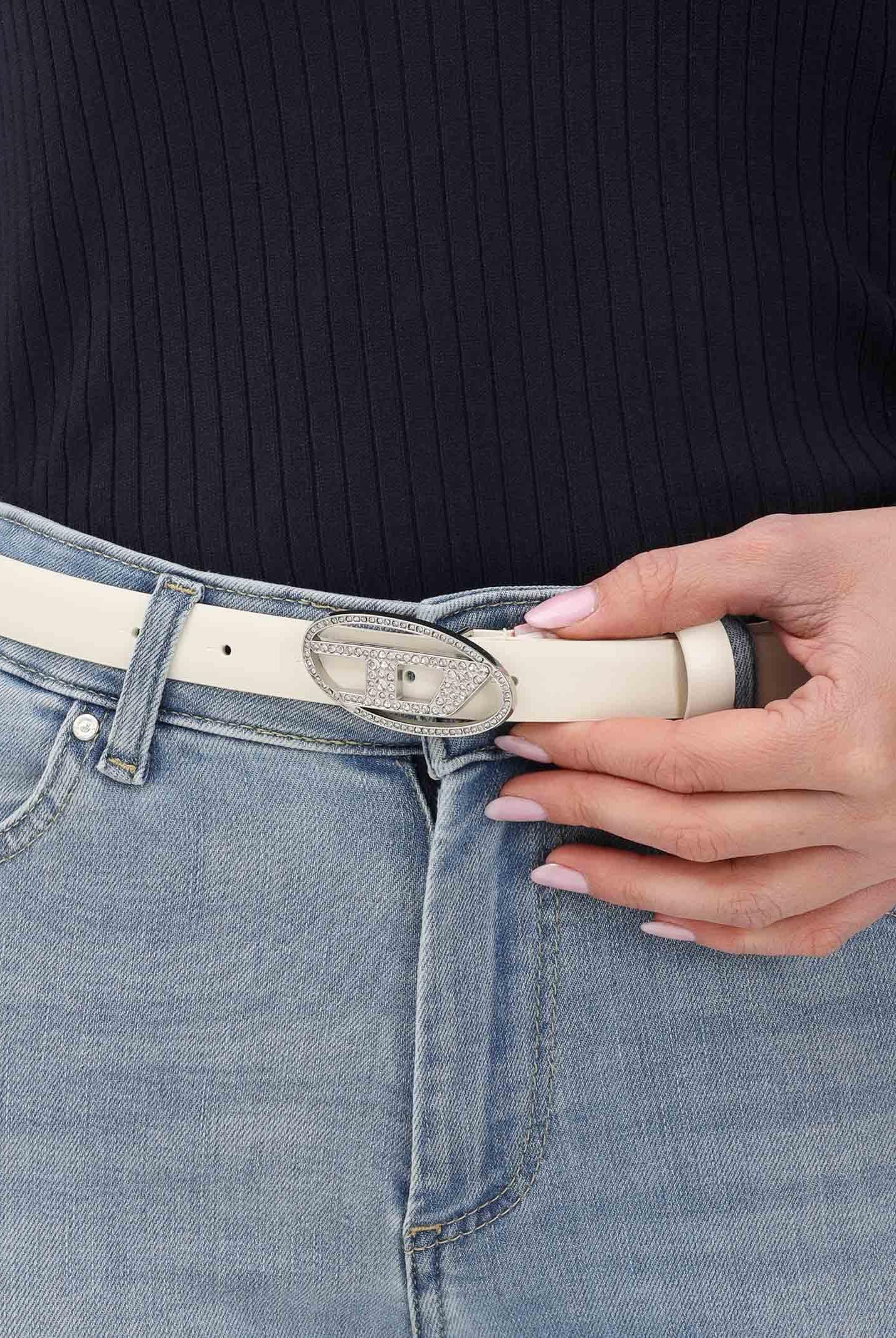DIESEL Cintura bianca da donna con fibbia impreziosita da strass J02524KXBLR K141 DIESEL