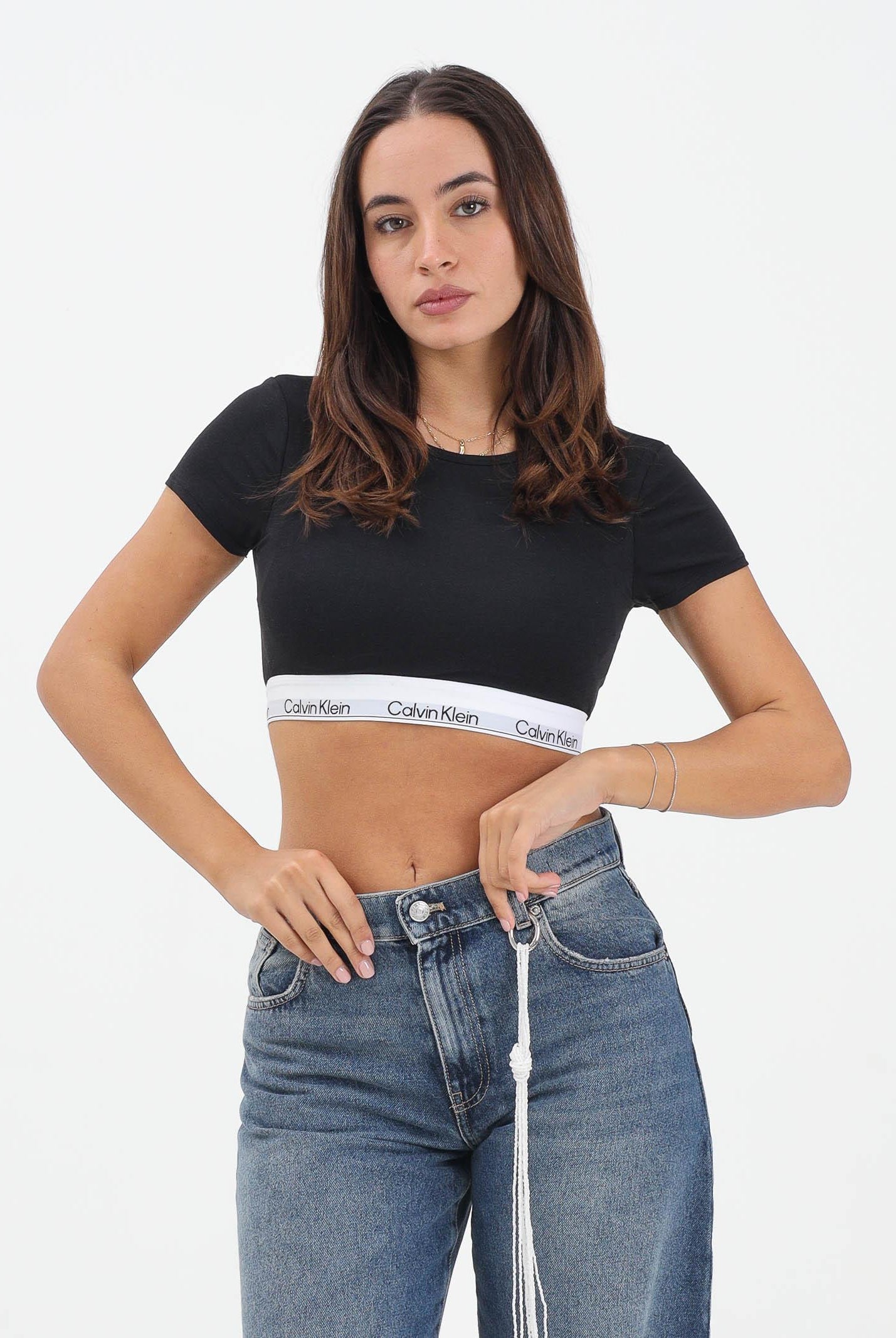 CALVIN KLEIN T-shirt a manica corta nera da donna con banda logata LV00QF8495 UB1 CALVIN KLEIN