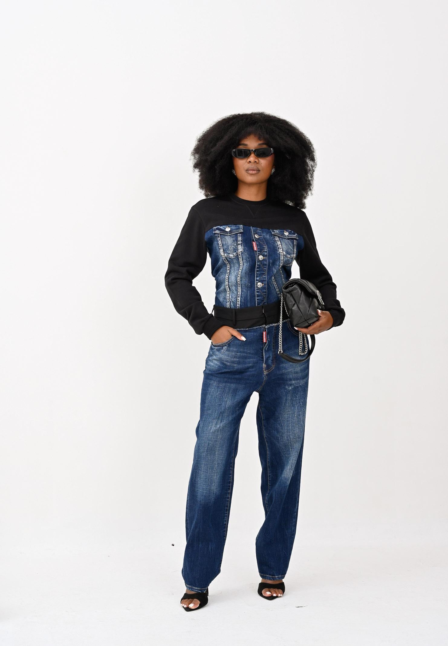 DSQUARED2 Felpa girocollo nera per donna, ragazzi e bambini con busto in denim DQ3007D0AEZ DQ01 DSQUARED2