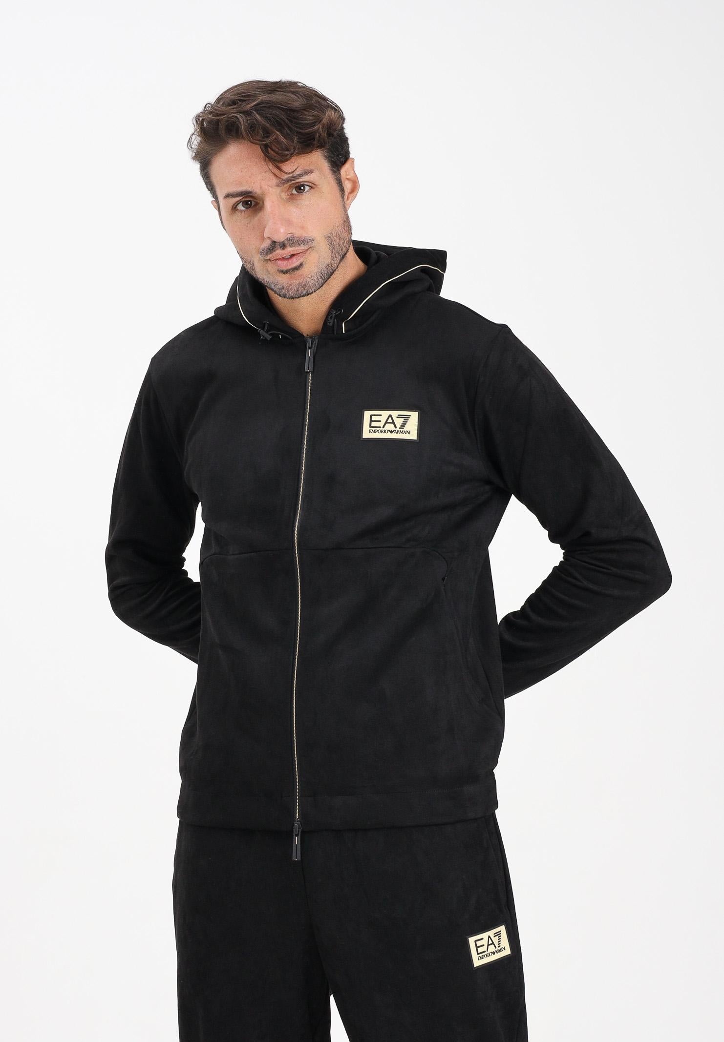 EA7 Felpa con zip nera da uomo in tessuto effetto scamosciato 7M000675AF16718 UC001 EA7