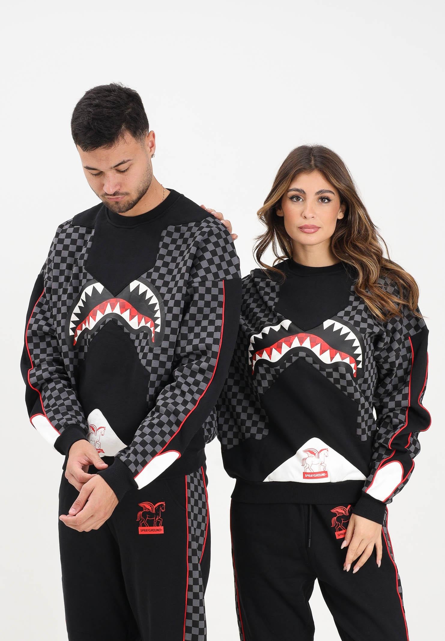 SPRAYGROUND Felpa girocollo Triple Decker Heir to the Throne nera e grigia per uomo e donna SP774GGREY SPRAYGROUND