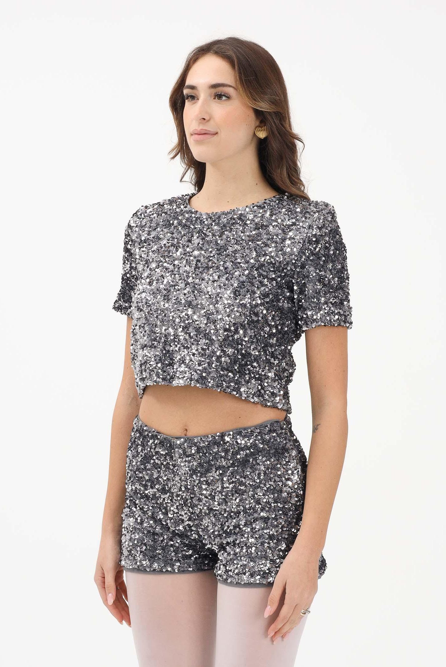 VICOLO T-shirt a manica corta grigia da donna ricoperta di strass TF0455 AR VICOLO