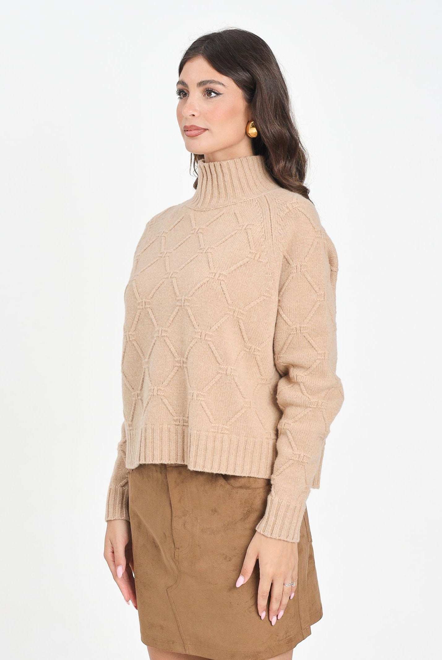 ELISABETTA FRANCHI Maglione a collo alto beige da donna con losanghe jacquard MK55T57E2 EA2 ELISABETTA FRANCHI