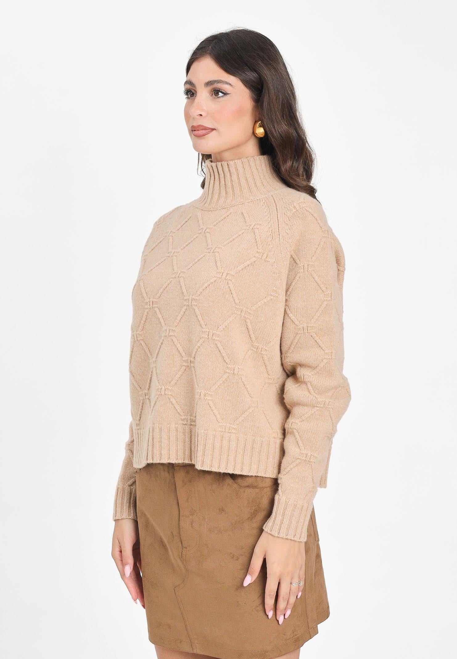 ELISABETTA FRANCHI Maglione a collo alto beige da donna con losanghe jacquard MK55T57E2 EA2 ELISABETTA FRANCHI