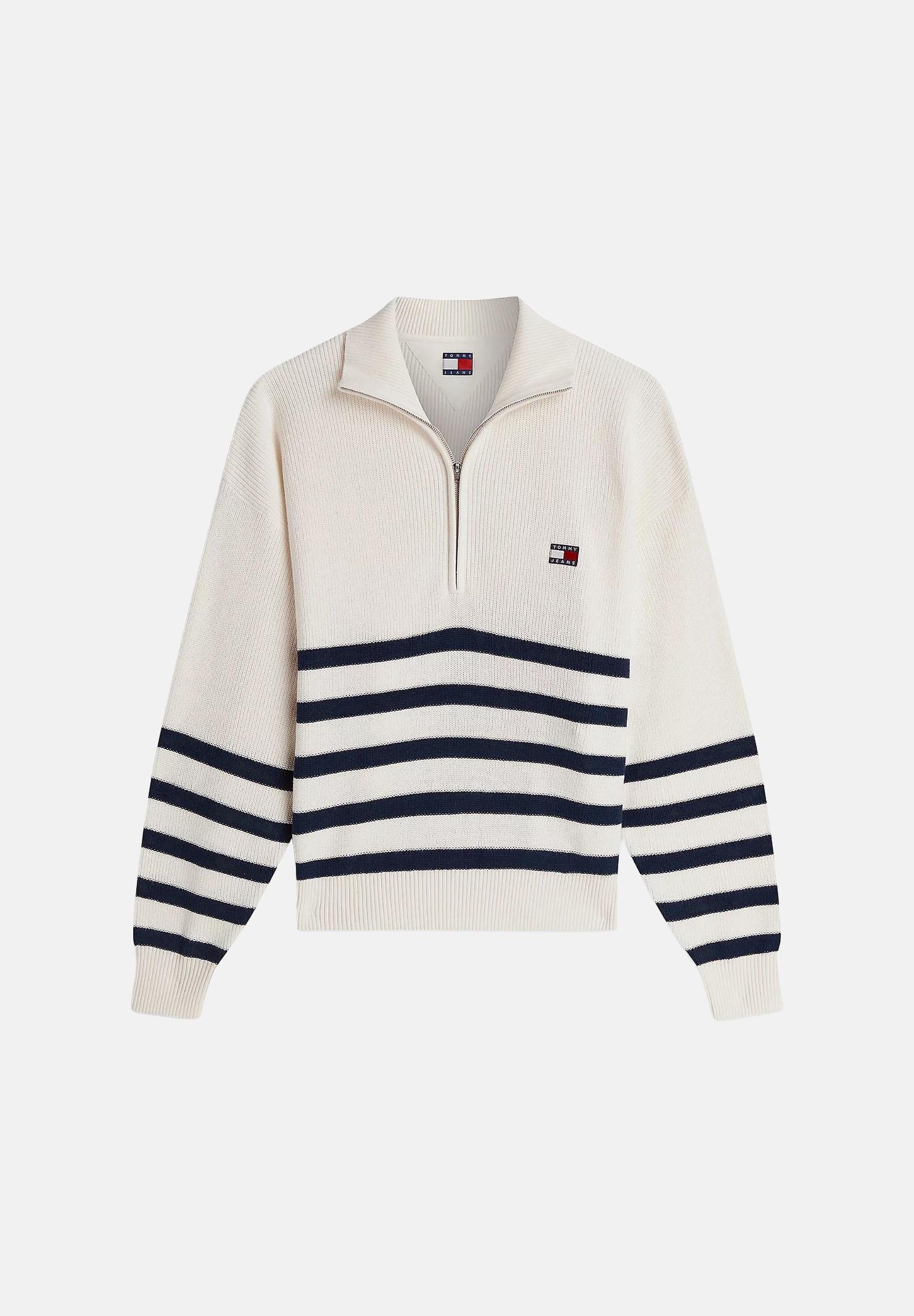 TOMMY JEANS maglione Tommy Badge Stripe Quarter-Zip Jumper Ancient White Stripe bianco/panna donna. DW0DW22928 YBH TOMMY JEANS