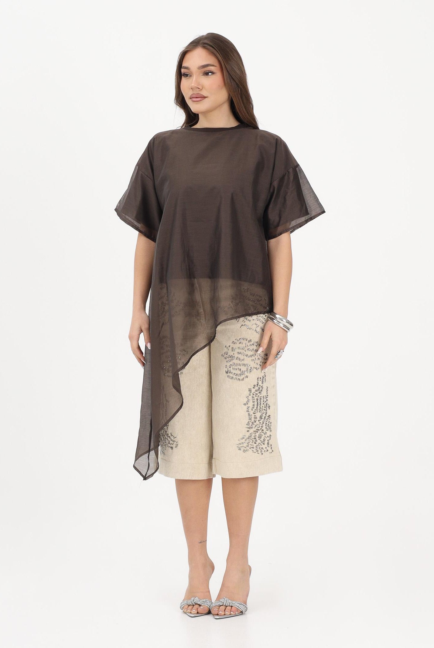 VICOLO T-shirt a manica corta marrone da donna in tessuto velato UAB018 MO VICOLO