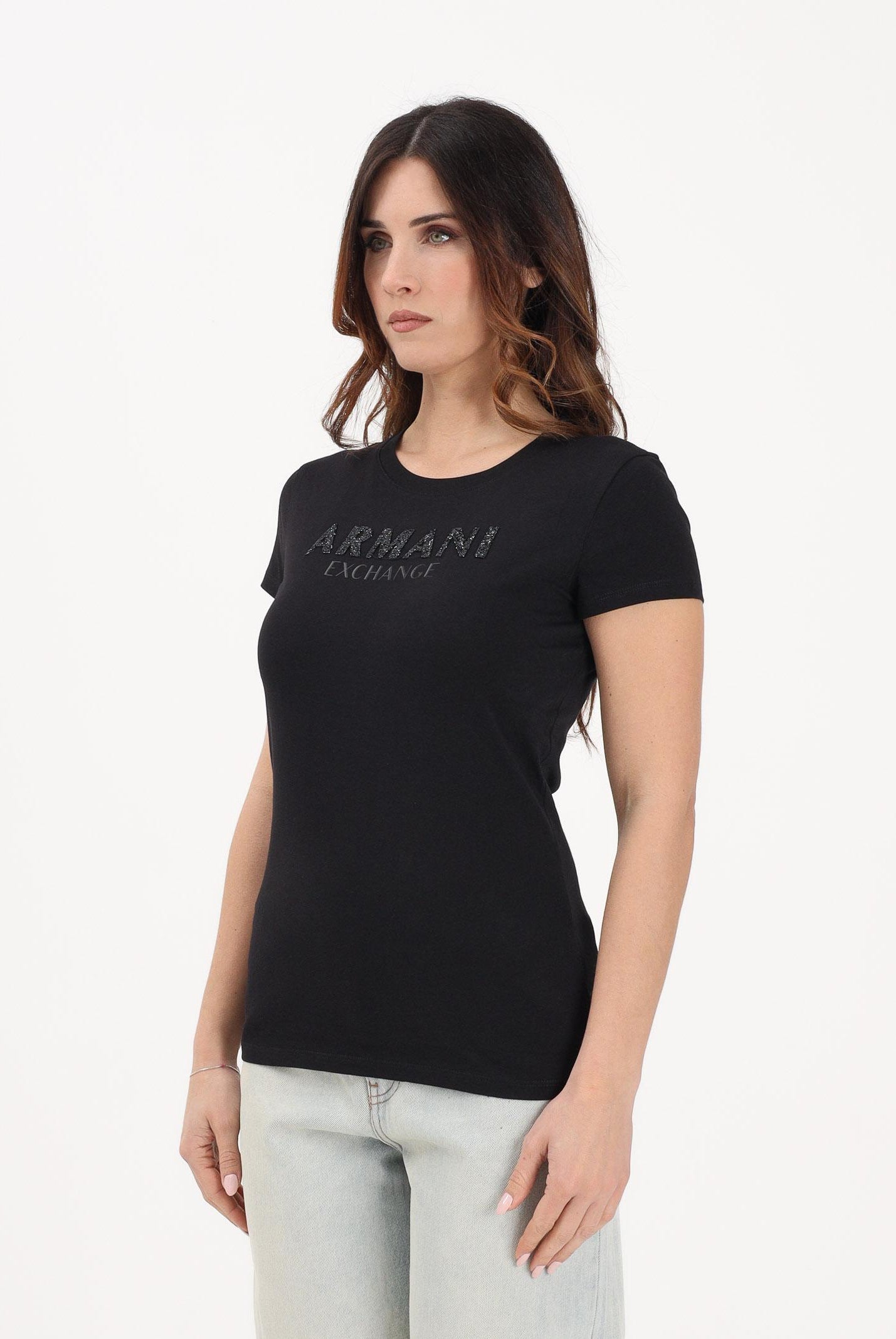 ARMANI EXCHANGE T-shirt a manica corta nera da donna con logo in strass XW002106AF10356 UC001 ARMANI EXCHANGE