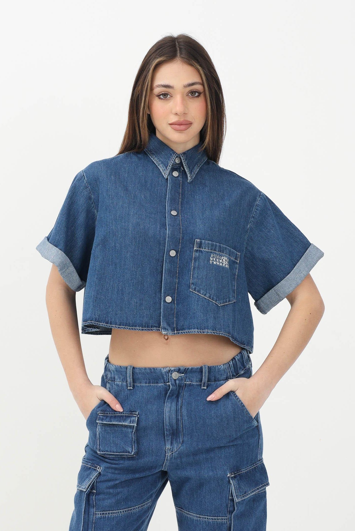 MAISON MARGIELA Camicia in denim azzurro per donna, ragazze e bambine con maniche corte e risvolto M60763MM04S M601 MAISON MARGIELA