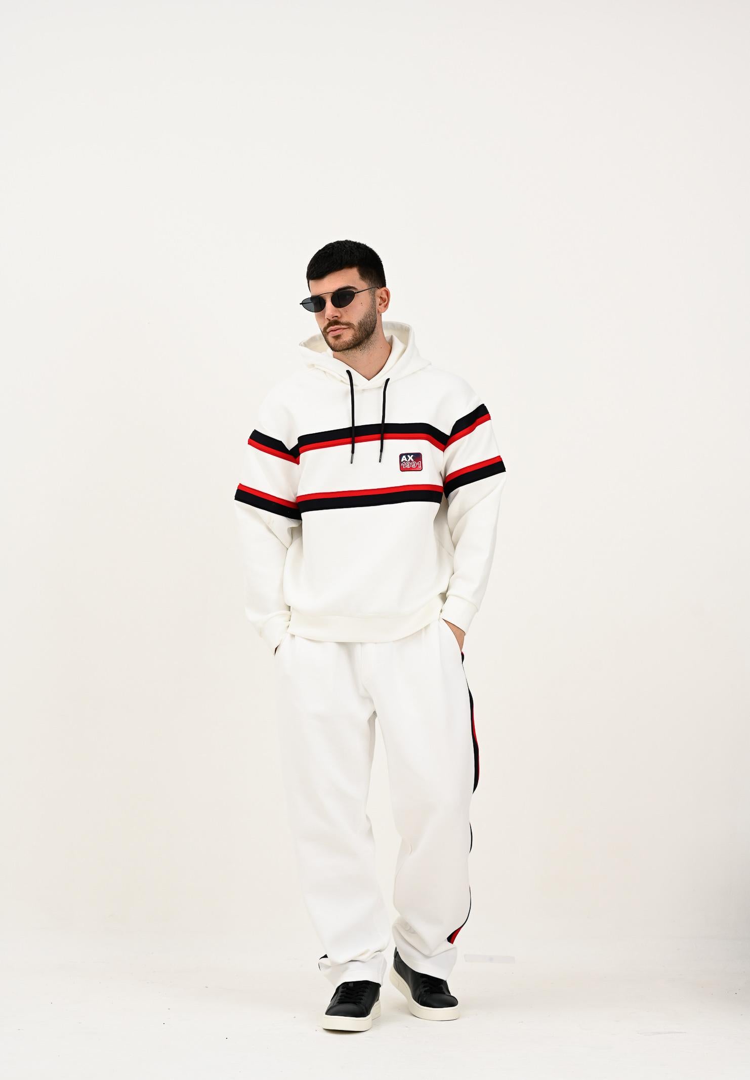 ARMANI EXCHANGE Felpa con cappuccio bianca da uomo caratterizzata da righe a contrasto XM001398AF13047 U0009 ARMANI EXCHANGE