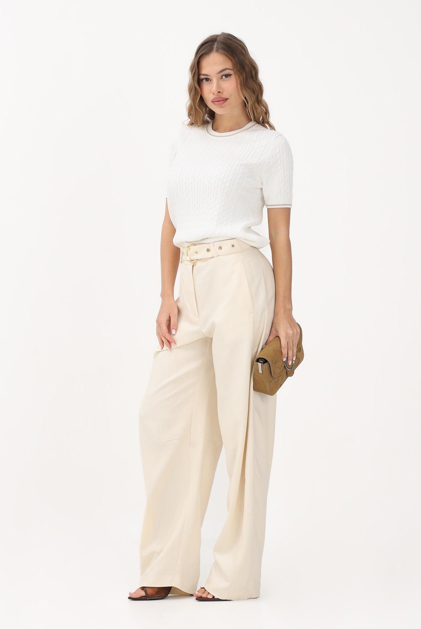 LACOSTE Maglia a manica corta bianca da donna in maglia a trecce AF9862 70V LACOSTE