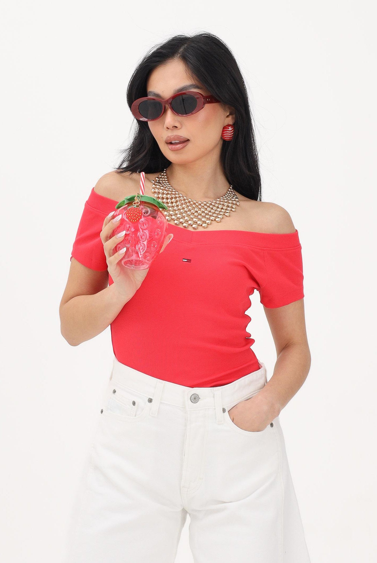 TOMMY JEANS T-shirt a manica corta rosso fragola da donna con scollo a barca DW0DW22265 XK3 TOMMY JEANS
