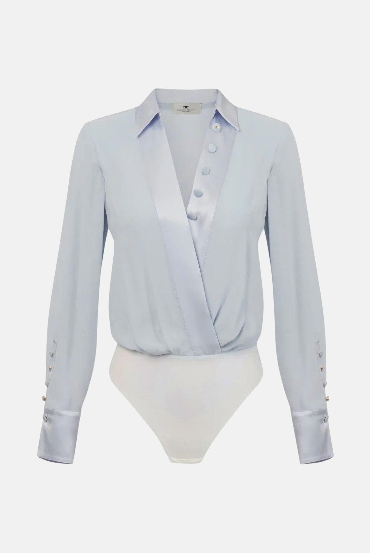 ELISABETTA FRANCHI Body a manica lunga celeste da donna in georgette di viscosa e raso CB00356E2 EA7 ELISABETTA FRANCHI