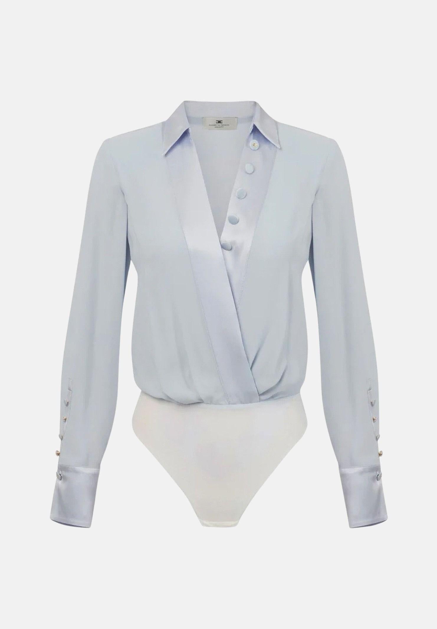 ELISABETTA FRANCHI Body a manica lunga celeste da donna in georgette di viscosa e raso CB00356E2 EA7 ELISABETTA FRANCHI