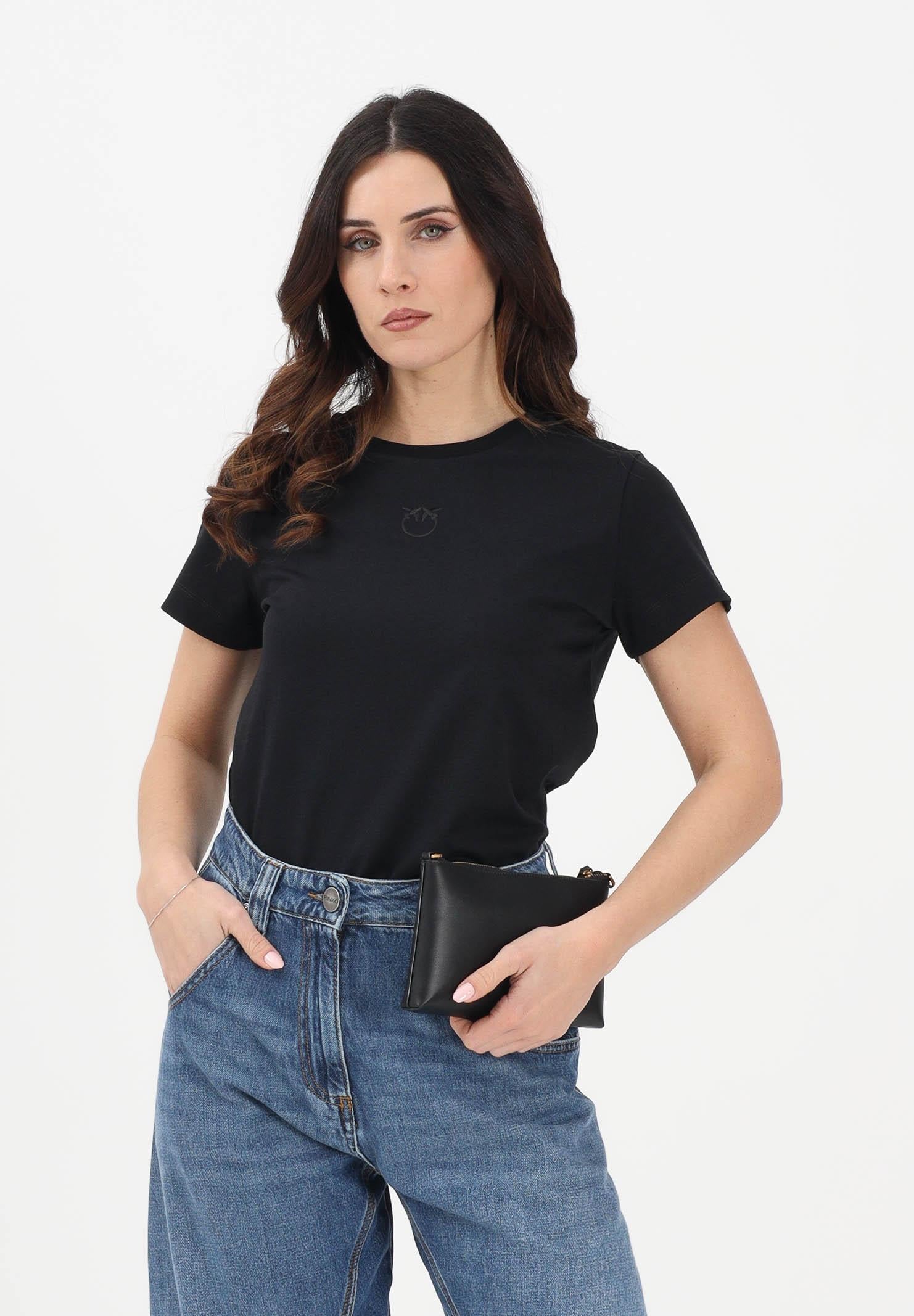 PINKO T-shirt a manica corta nera da donna con ricamo logo Love Birds 100355A339 Z99 PINKO