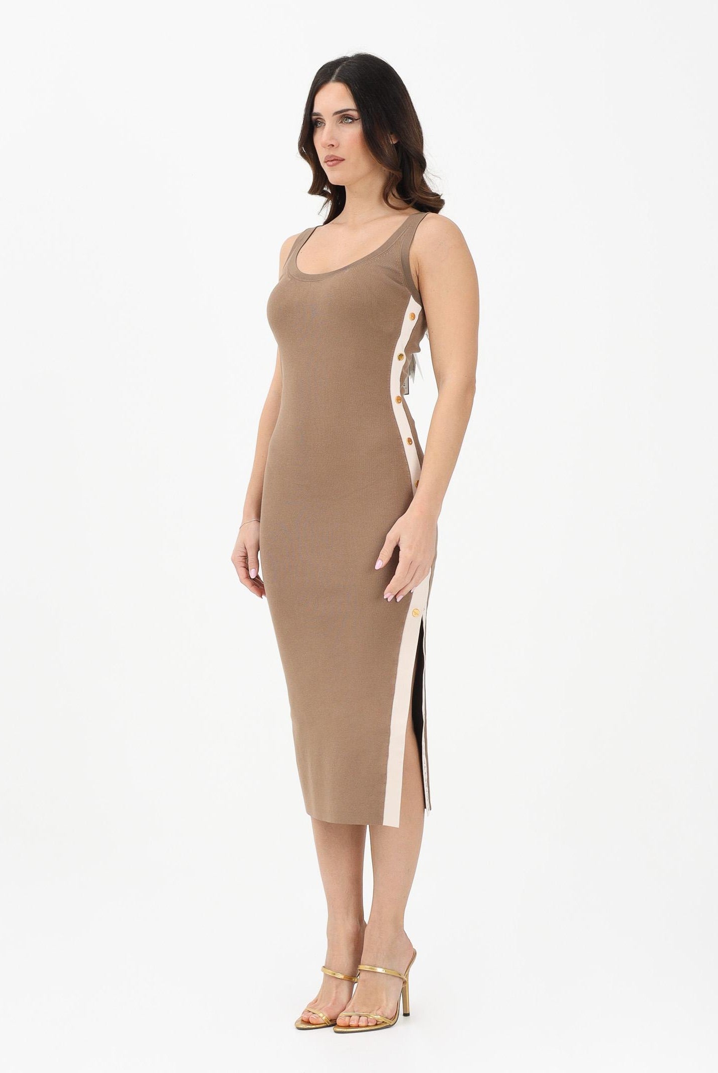 ELISABETTA FRANCHI Abito midi in maglia argilla da donna con bande a contrasto AM03S61E2 727 ELISABETTA FRANCHI
