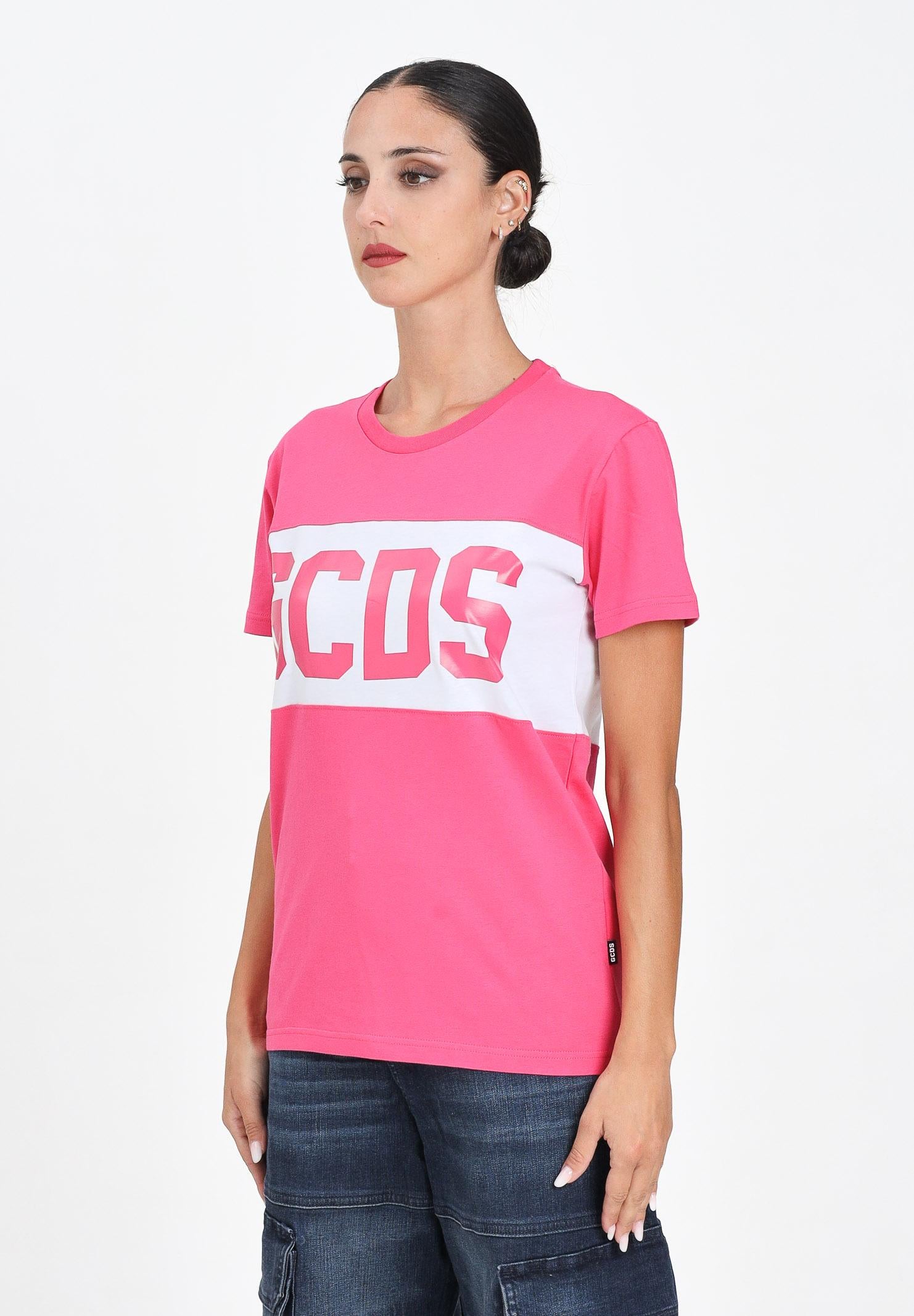 GCDS T-shirt a manica corta fucsia per donna, ragazze e bambine con fascia bianca logata B2JU2329JF1 59 GCDS