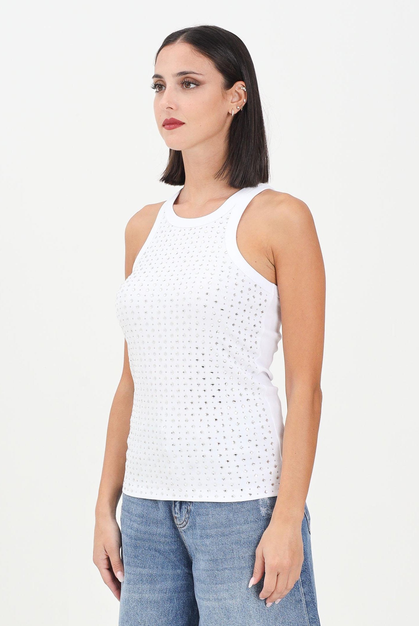 PINKO Canotta bianca da donna con strass e borchie 105928A2XY Z04 PINKO