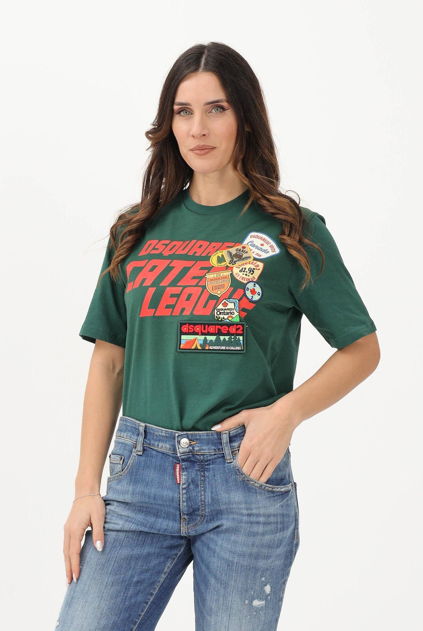 DSQUARED2 T-shirt a manica corta verde per donna, ragazzi e bambini con logo applicato e patch DQ3165D0ACD DQ522 DSQUARED2