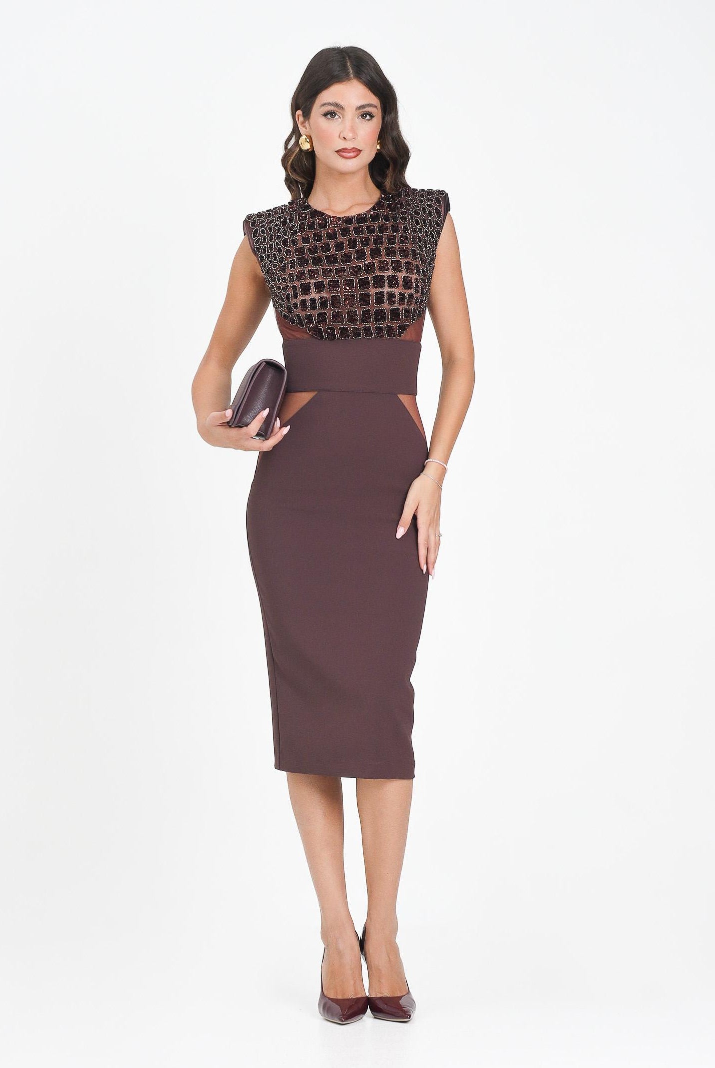 ELISABETTA FRANCHI Abito midi bordeaux da donna con ricami cocco AB83457E2 EA4 ELISABETTA FRANCHI