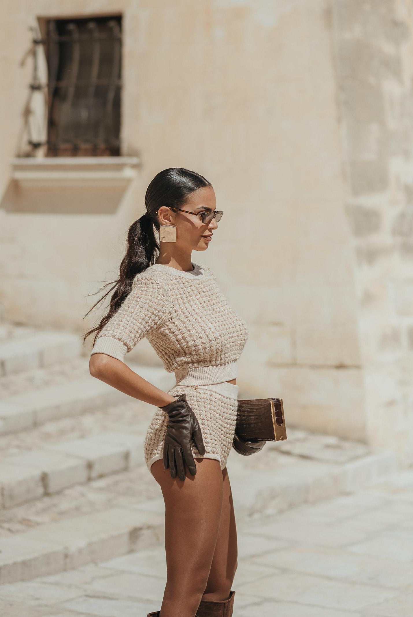 ELISABETTA FRANCHI Maglia a manica corta beige da donna con paillettes<BR/> MK18Q56E2 EA2 ELISABETTA FRANCHI