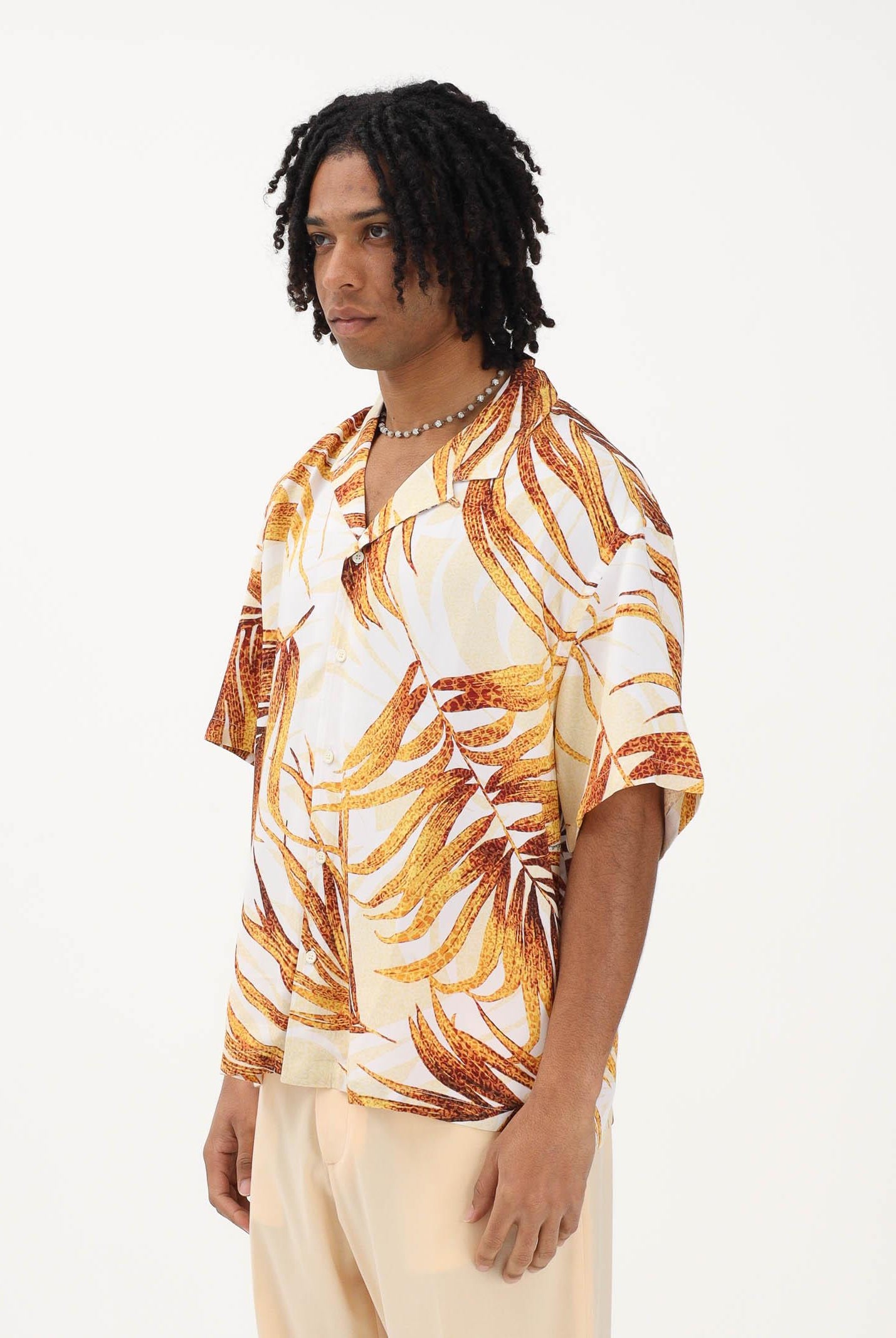 JUST CAVALLI Camicia a manica corta panna da uomo con stampa tropicale 80OALF01CNF05 R79 JUST CAVALLI