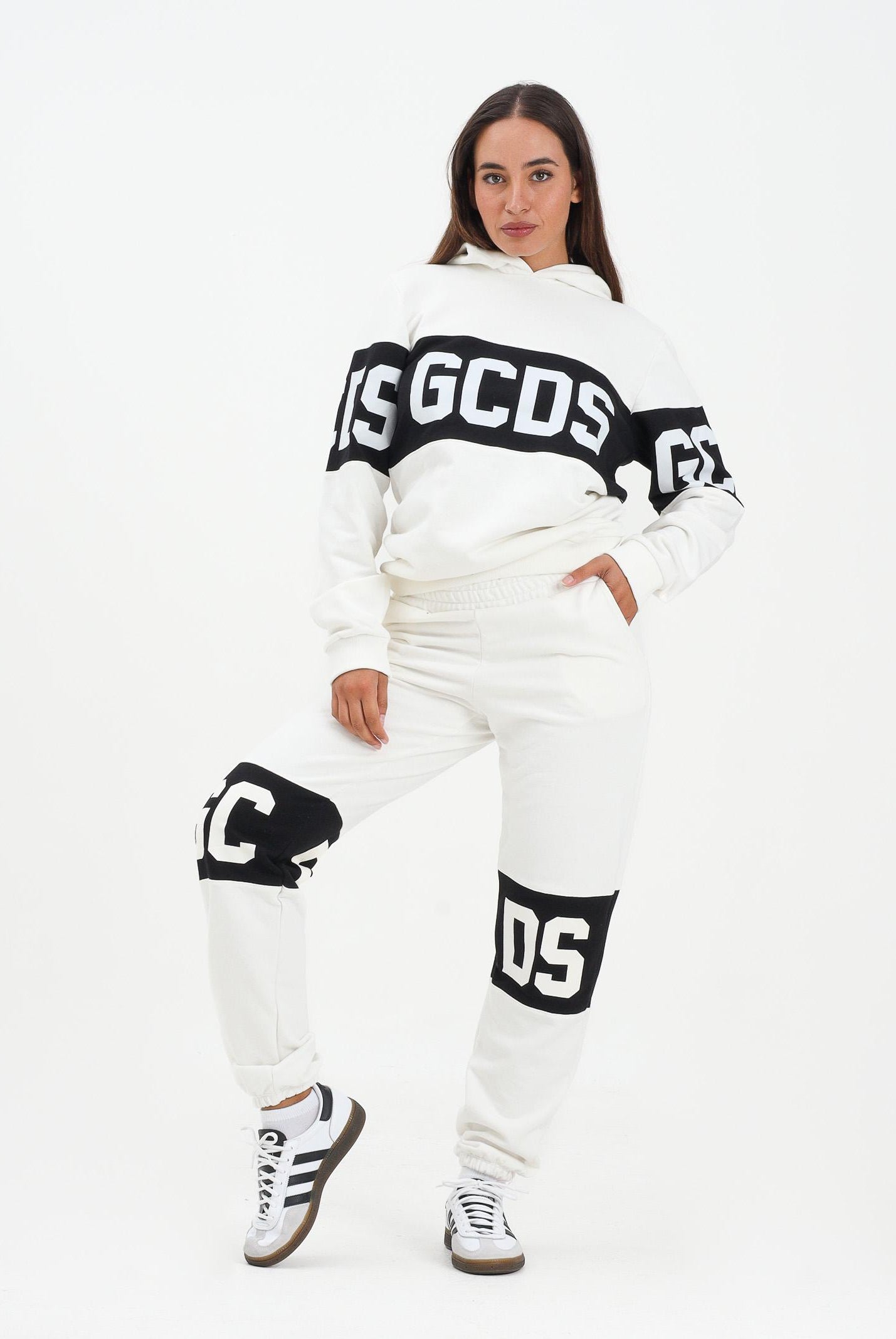 GCDS Pantalone sportivo bianco per donna, ragazzi e bambini con fascia a contrasto e logo B2JU3017BA2 15 GCDS
