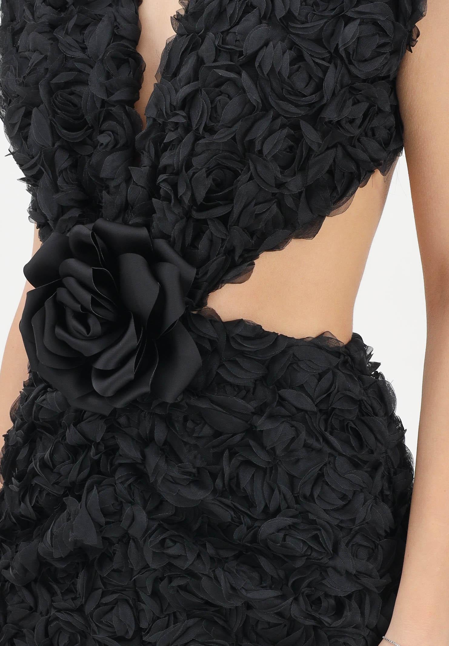 SHIT Abito lungo nero da donna con motivo di rosette in rilievo 3D SH26026 NE SHIT