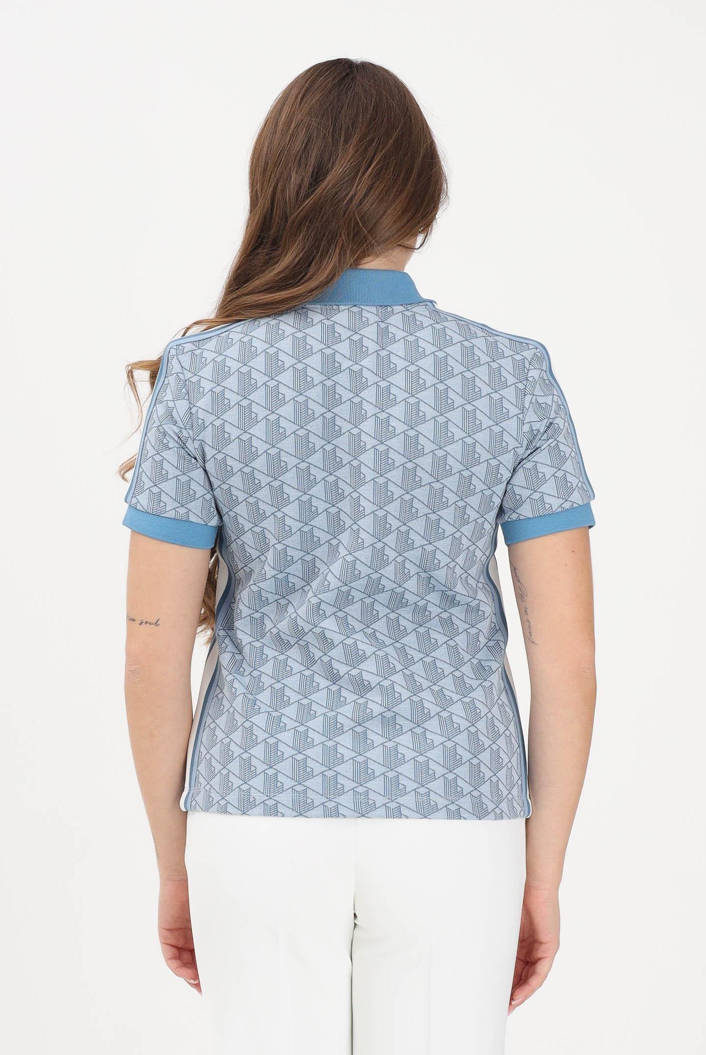 LACOSTE Polo a manica corta azzurra da donna con fantasia monogramma DF3364 1QI LACOSTE