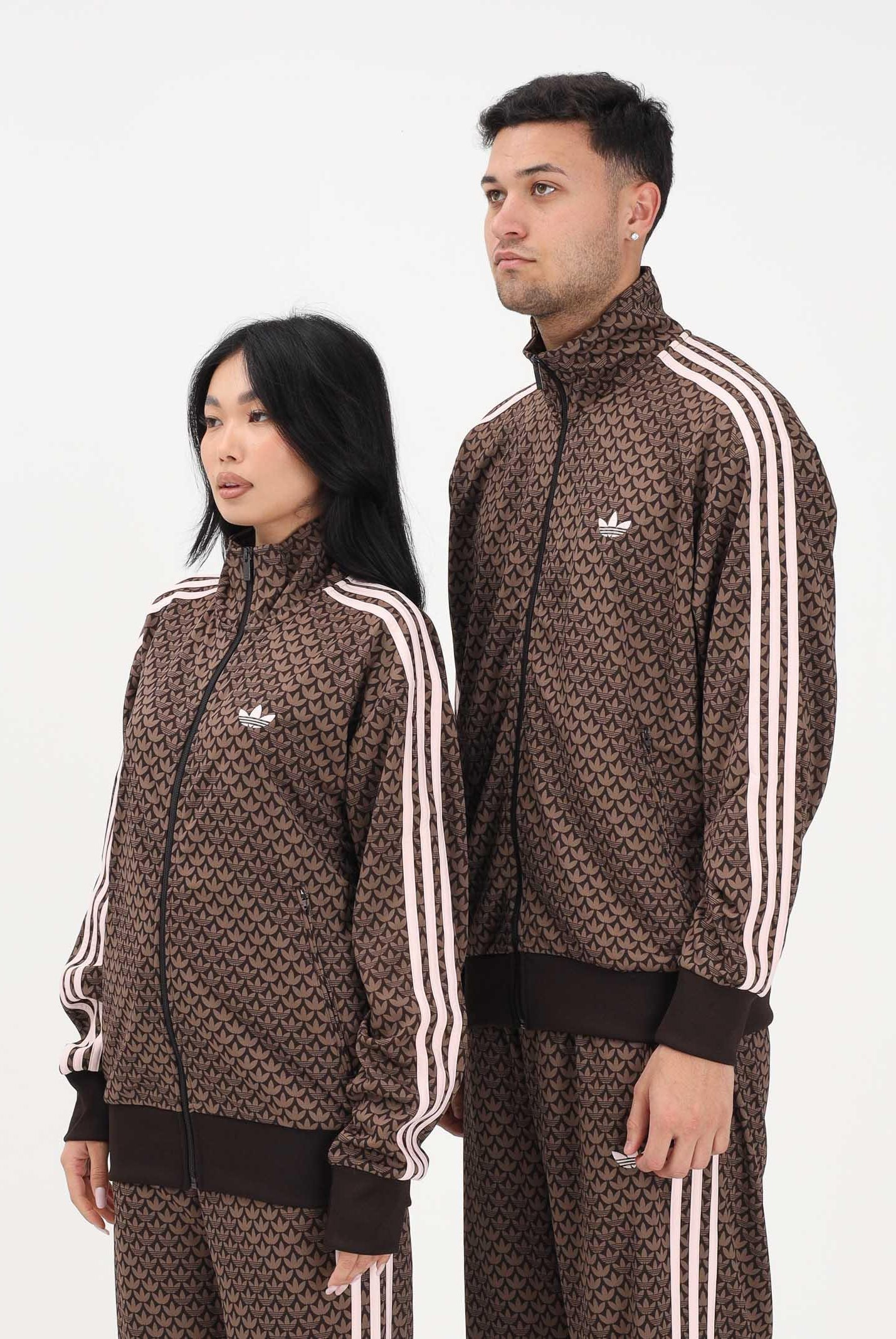 ADIDAS ORIGINALS Felpa con zip Firebird Loose Monogram marrone e rosa per uomo e donna KE1677 . ADIDAS ORIGINALS