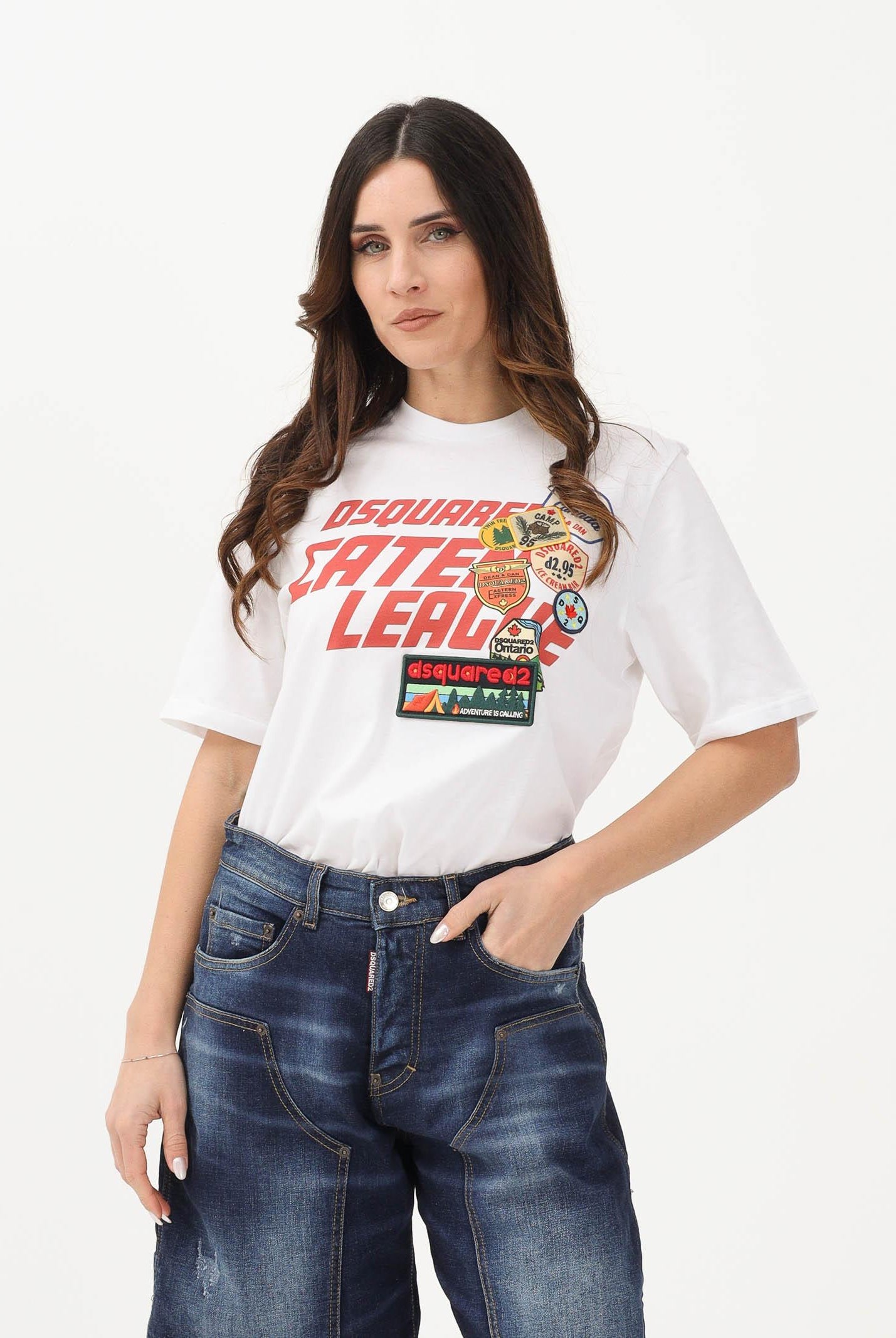 DSQUARED2 T-shirt a manica corta bianca per donna, ragazzi e bambini con logo applicato e patch DQ3165D0ACD DQ100 DSQUARED2