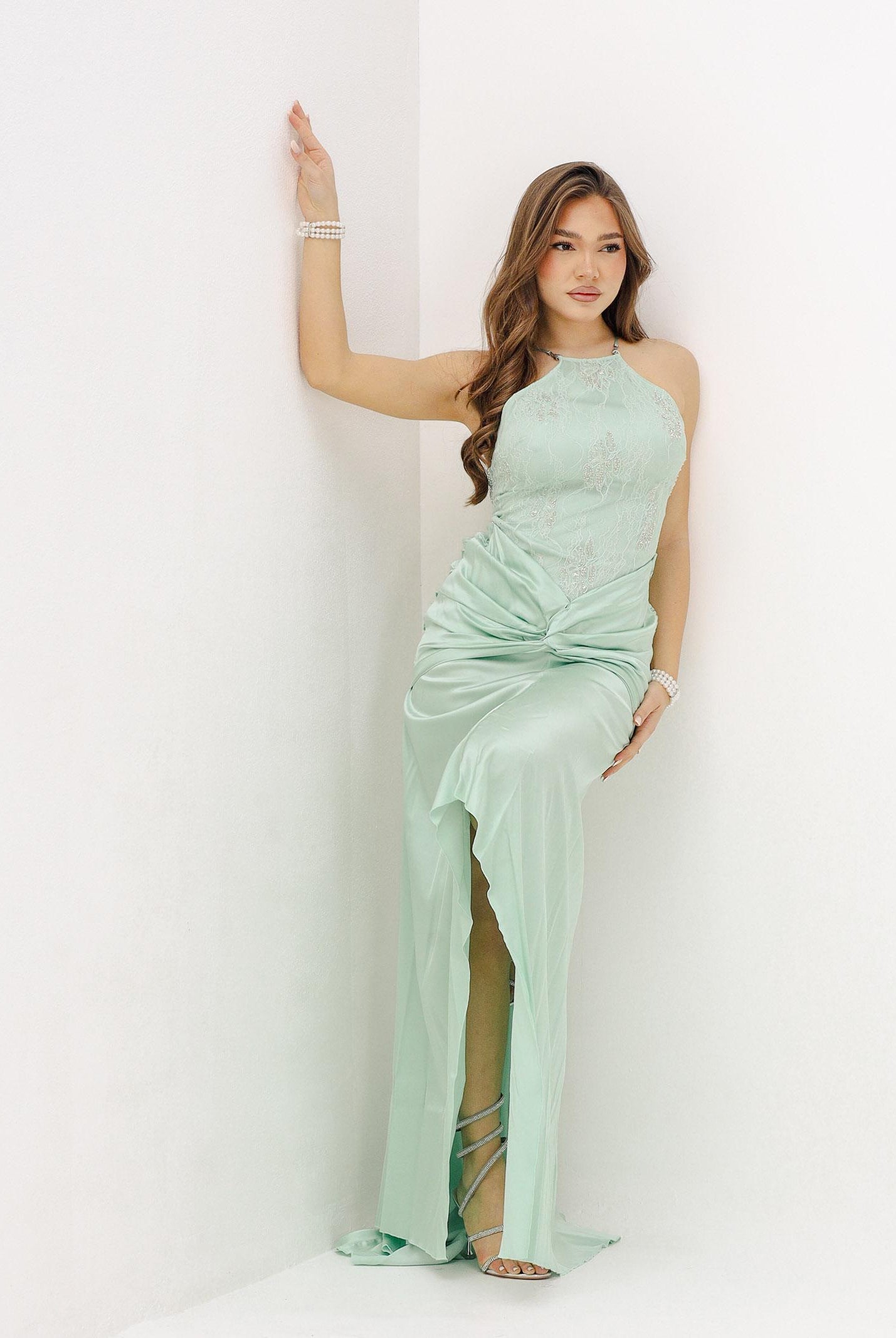 PATRIZIA PEPE Abito lungo verde menta da donna con inserto gioiello 2A3048A775 G632 PATRIZIA PEPE