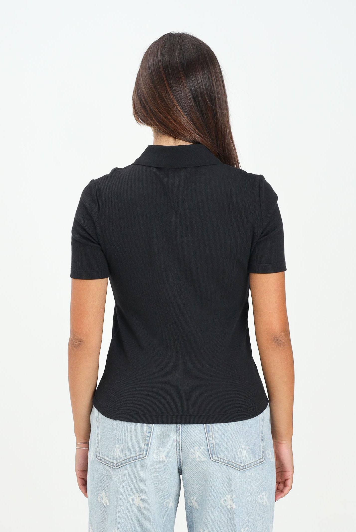 CALVIN KLEIN JEANS Polo a manica corta nera da donna con patch logo LV047C907GUB1 CALVIN KLEIN JEANS