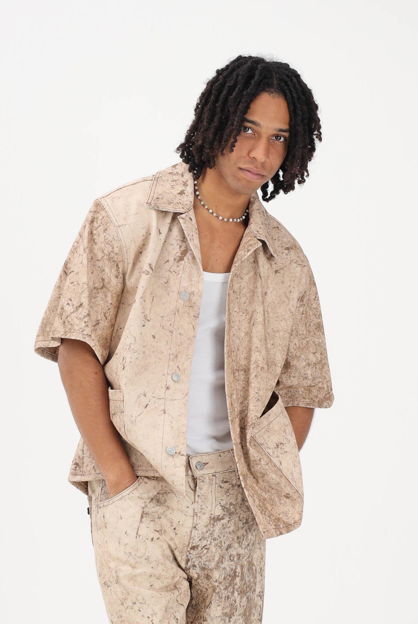I'M BRIAN Camica a manica corta beige da uomo con stampa effetto marmorizzato CA3651 0025 I'M BRIAN