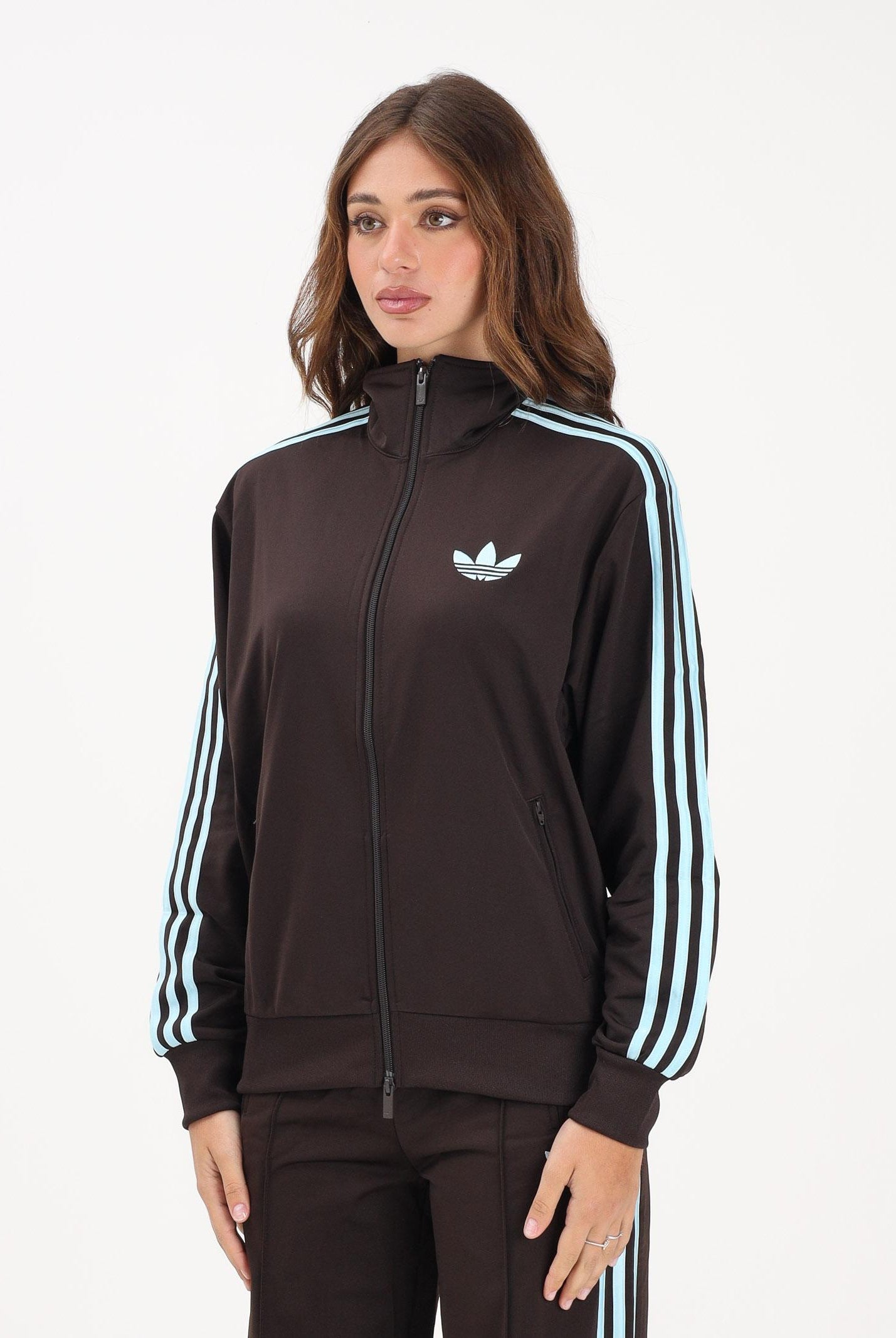 ADIDAS ORIGINALS Felpa con zip Firebird marrone e azzurra da donna KT4610 . ADIDAS ORIGINALS